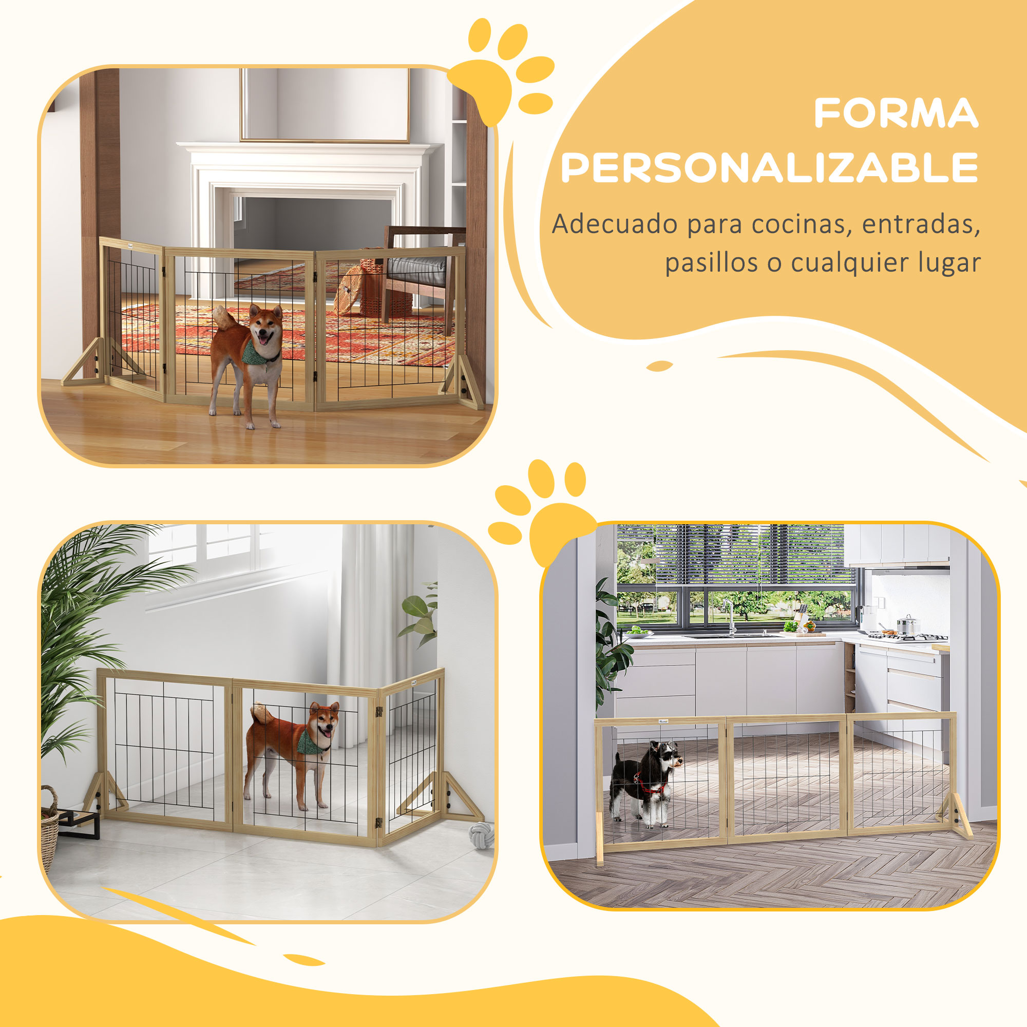 Puerta para mascotas de madera en tres configuraciones diferentes, con perros.
