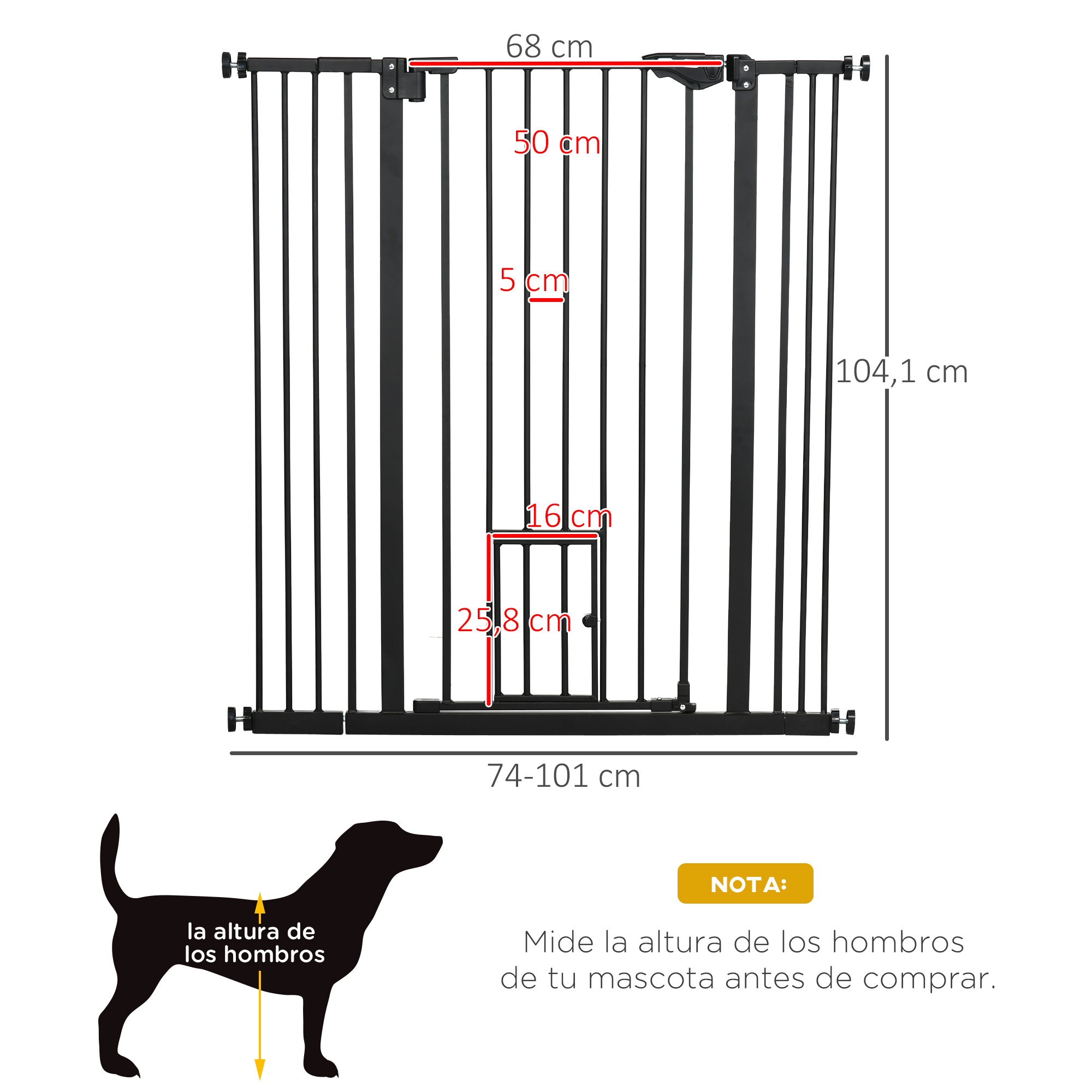 Una puerta para bebés negra con medidas en español. Tiene barras verticales y una pequeña puerta en el centro.