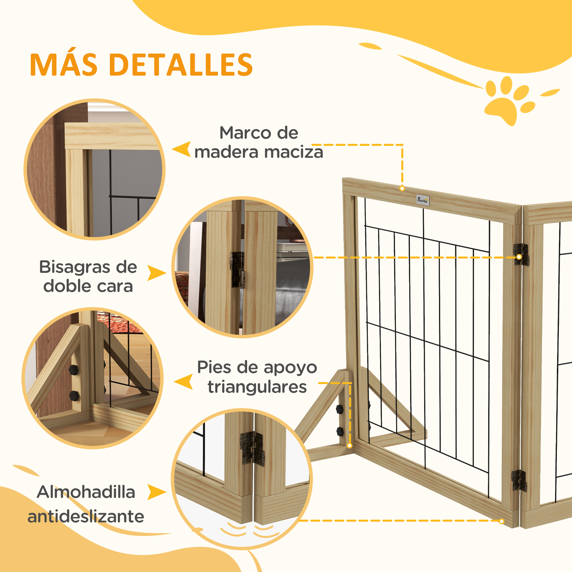 Puerta para mascotas de madera con vista detallada de bisagras y almohadillas.