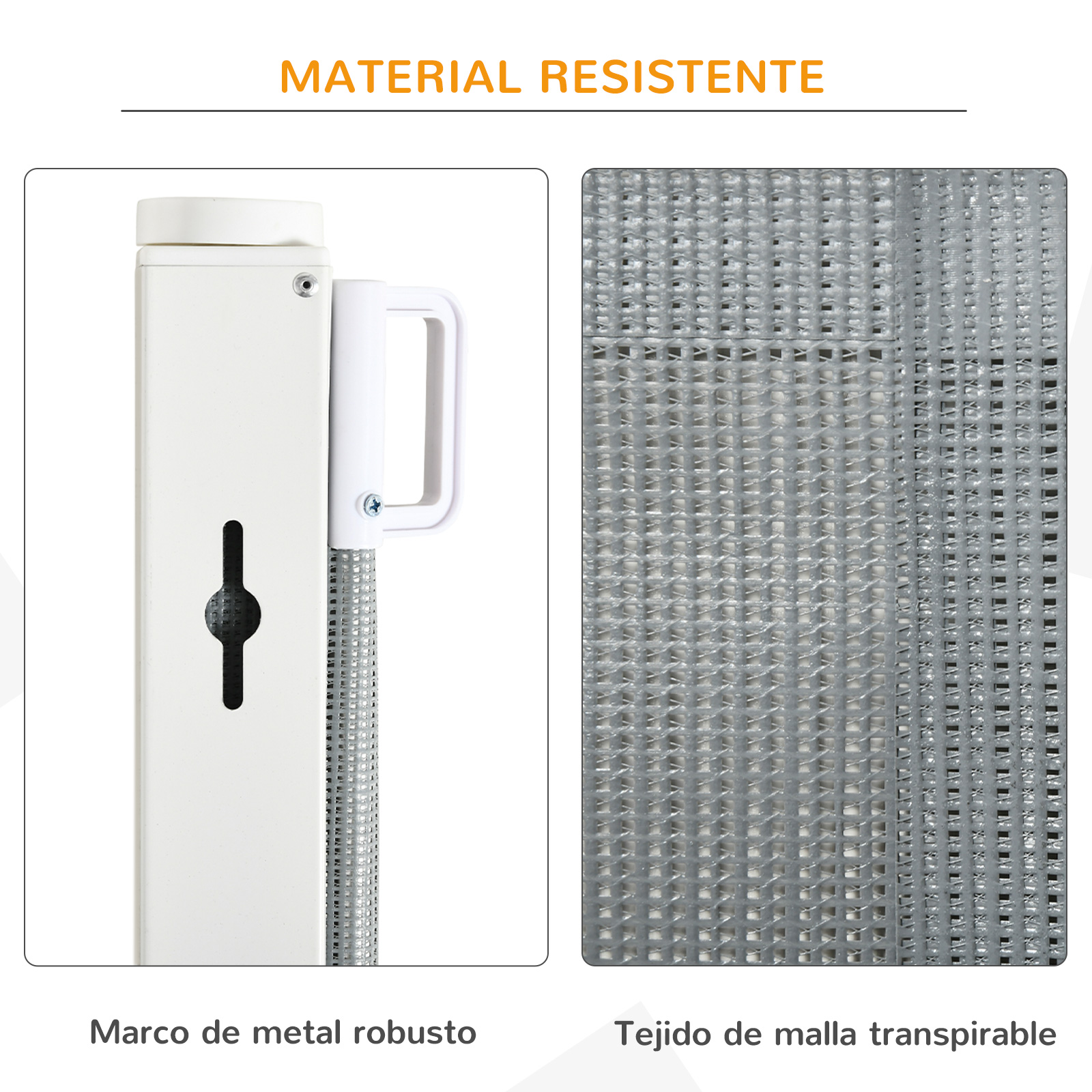 Primer plano del material de una barrera para bebés, mostrando un marco de metal resistente y malla.