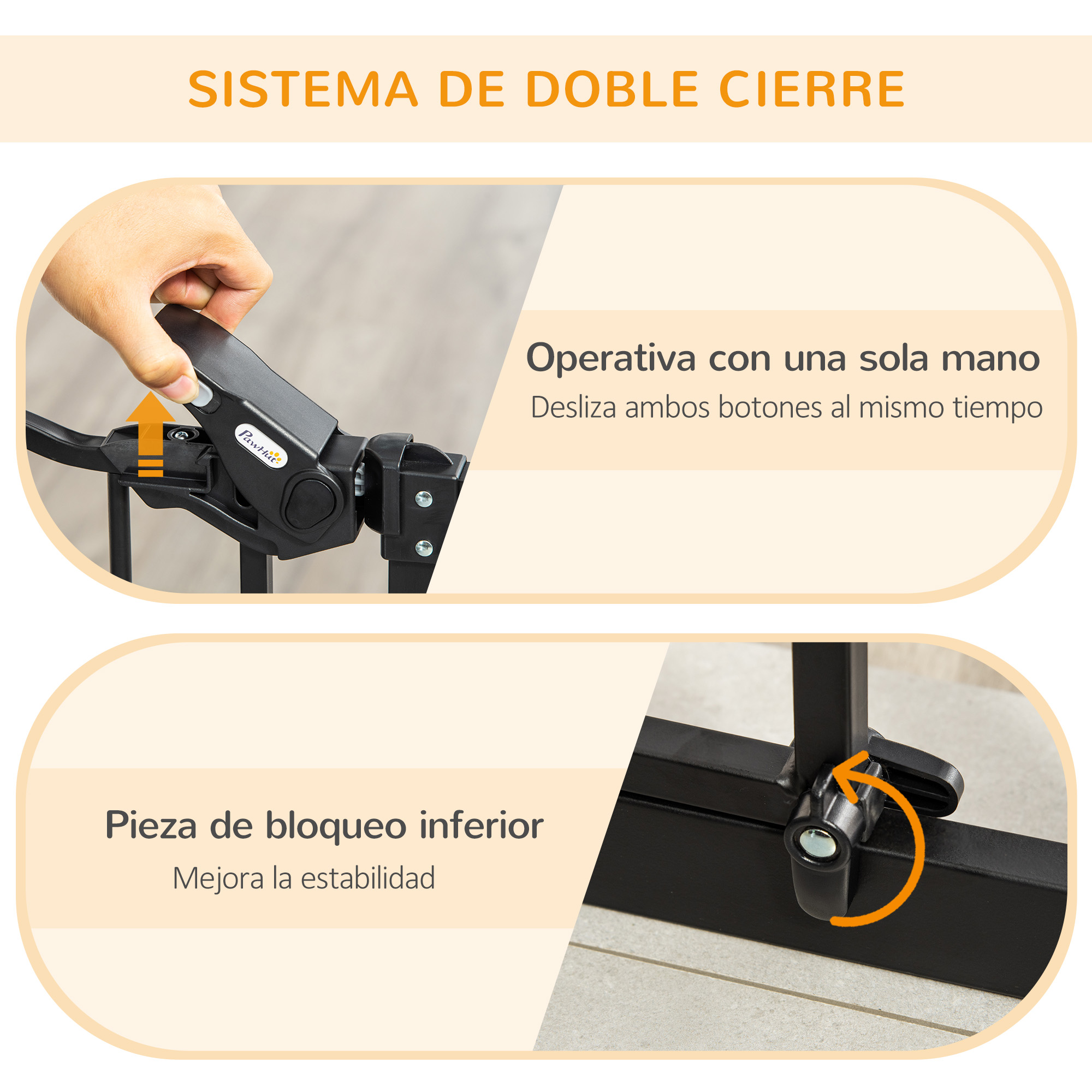 Primer plano de una mano operando un cierre de barrera para bebés. Muestra un sistema de doble cierre.