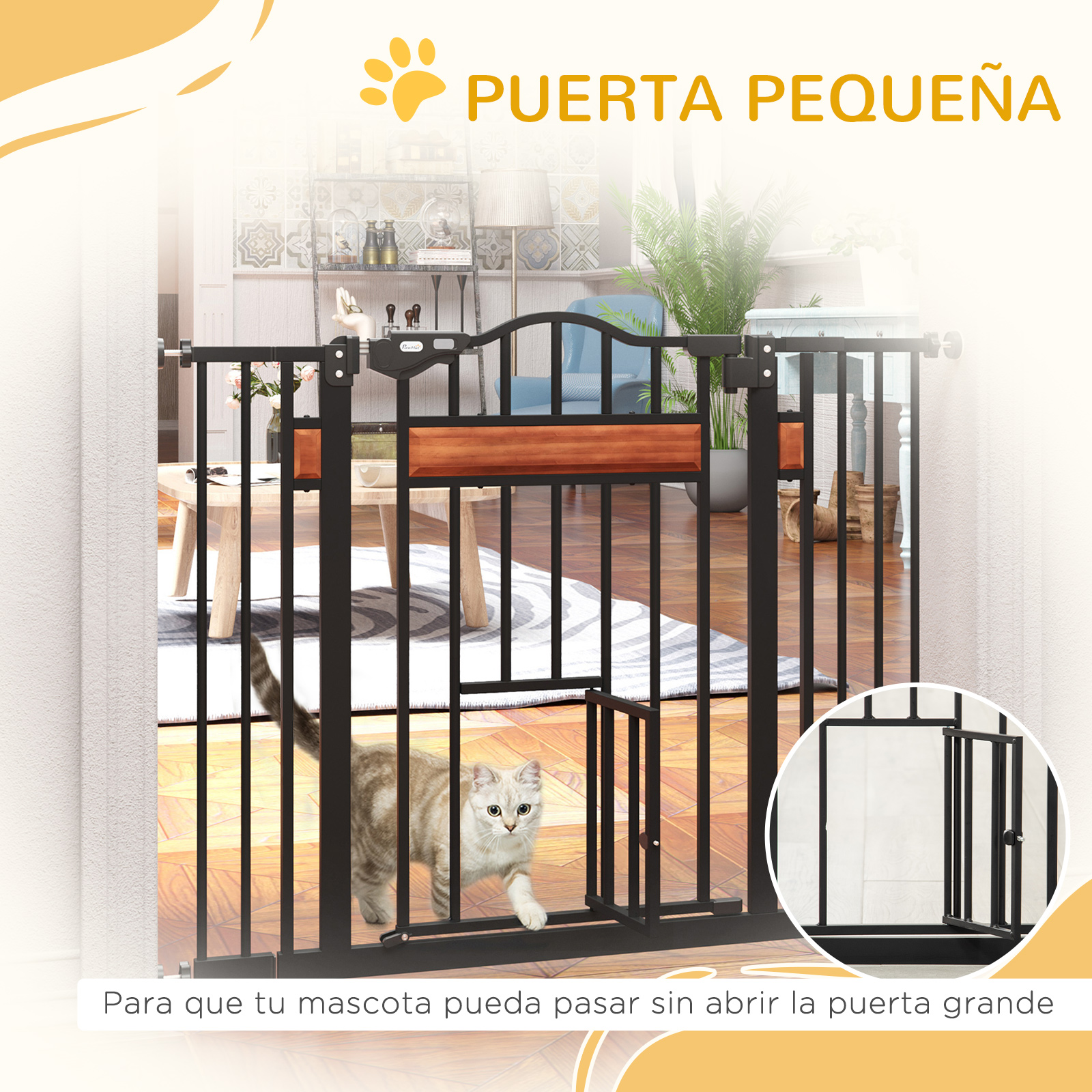 Una puerta para gatos con una puerta pequeña. Un gato está caminando. Texto: Para que tu mascota pueda pasar.