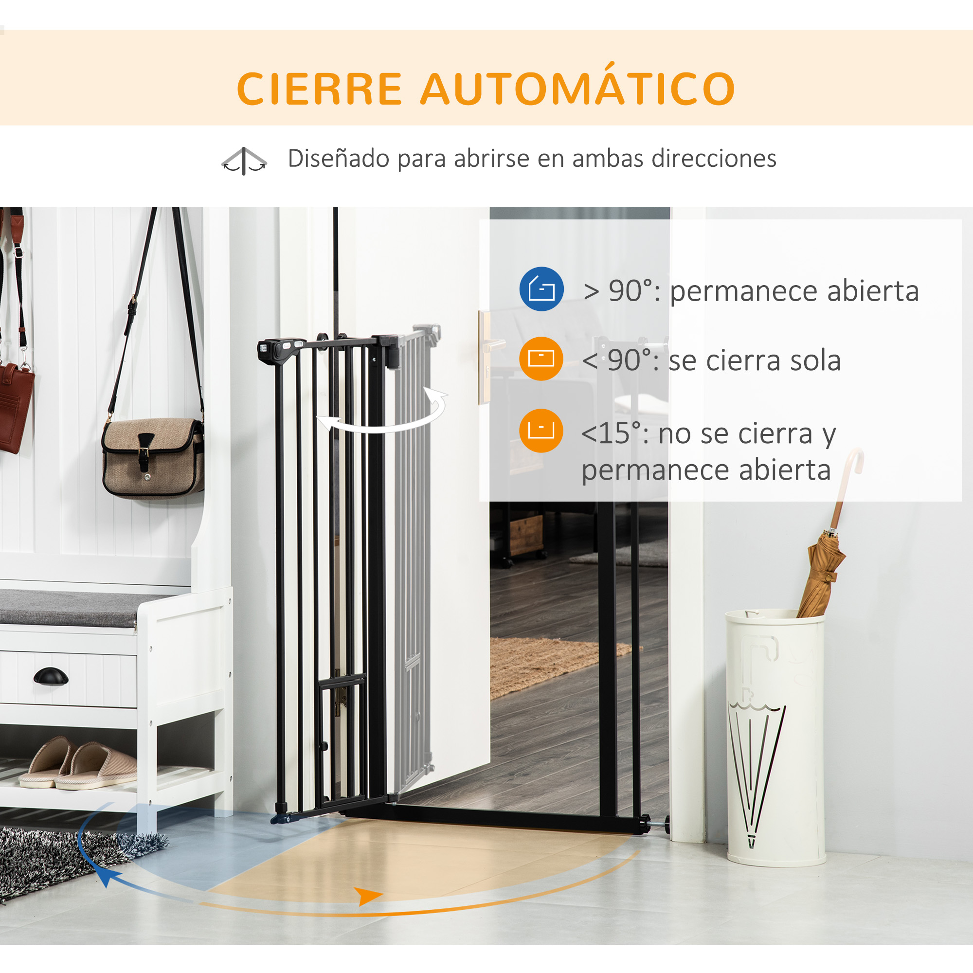 Una barrera para bebés en blanco y negro. La puerta está abierta, mostrando una flecha que indica la dirección de balanceo.