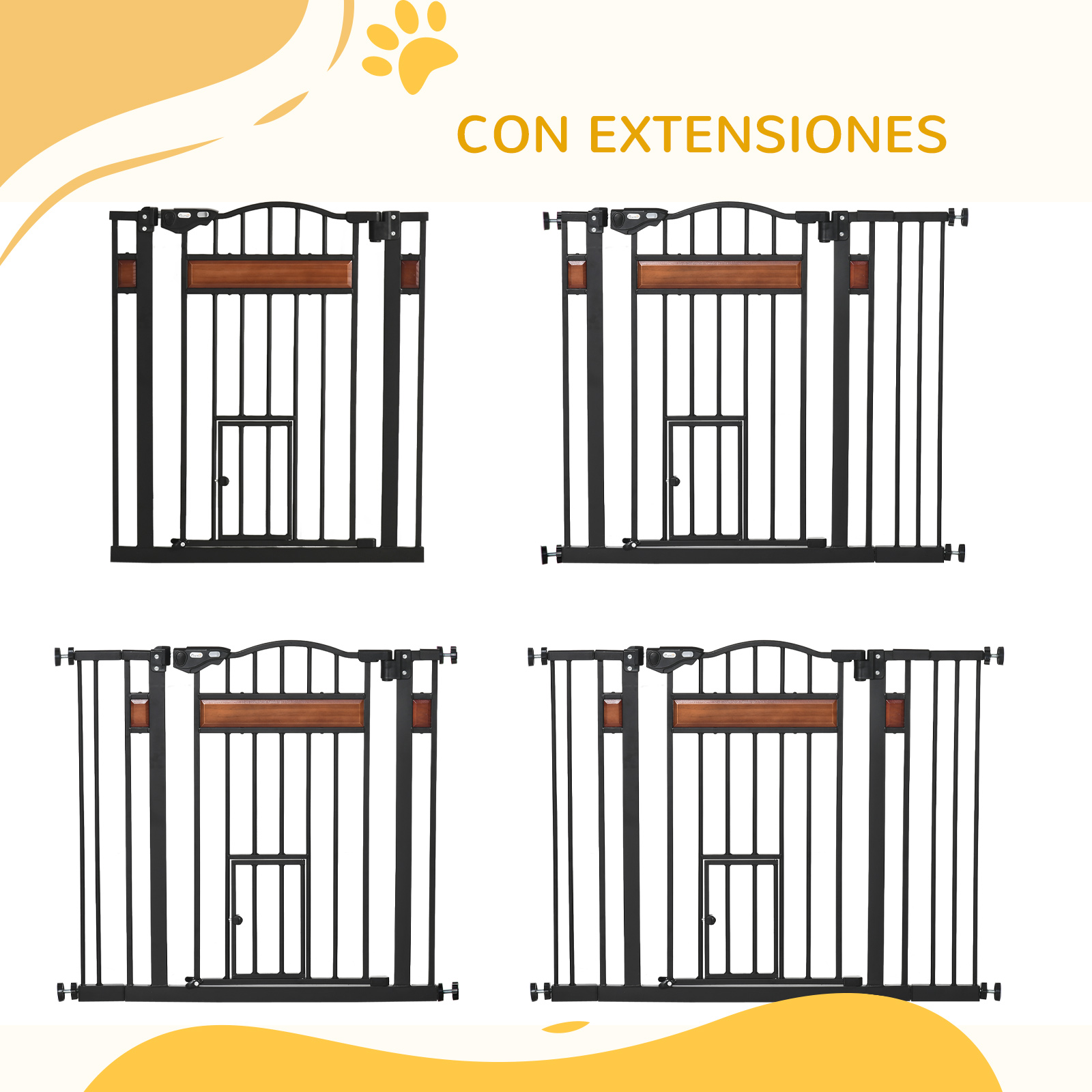 Cuatro puertas para mascotas, negras con secciones de madera, con el texto 'CON EXTENSIONES' en amarillo.