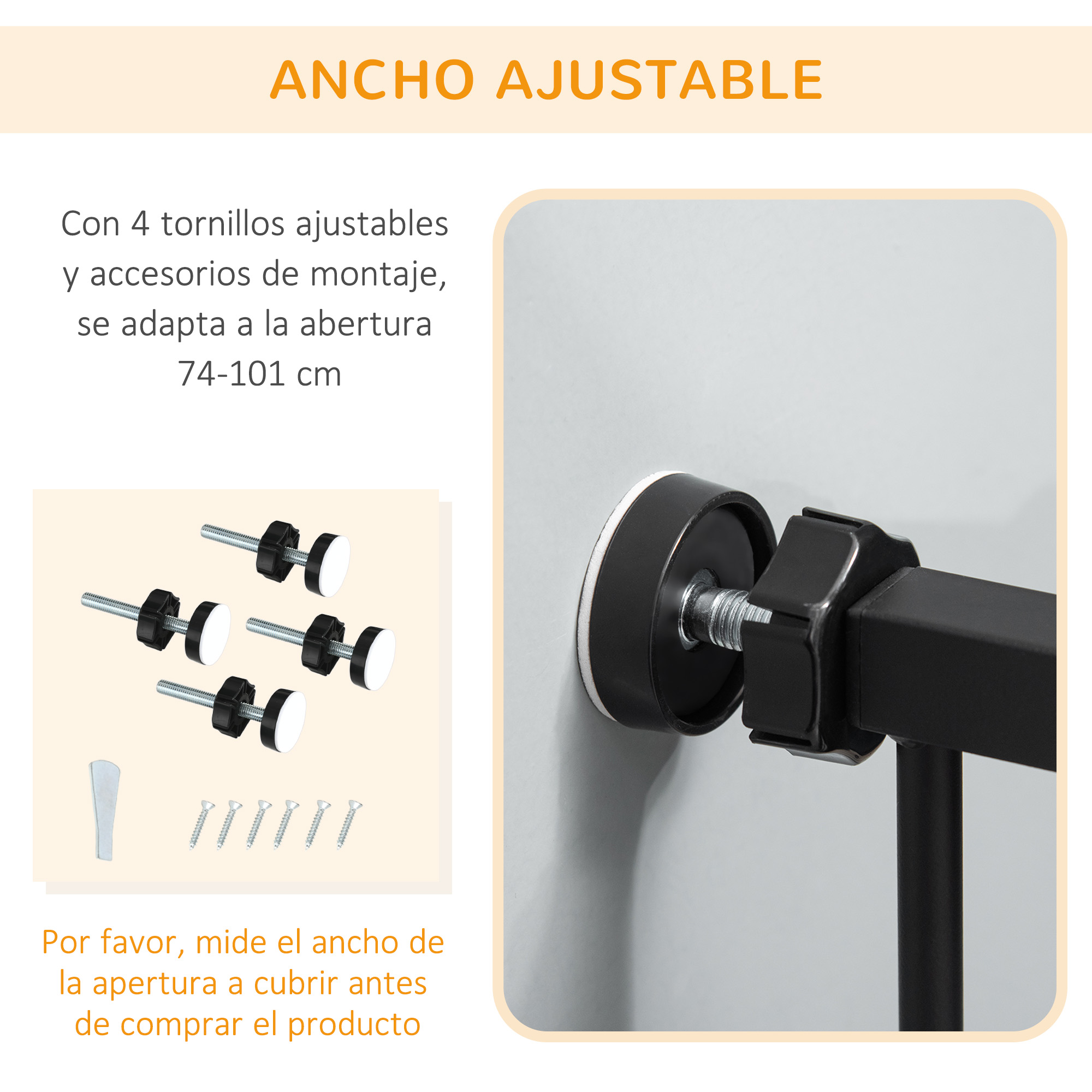 Primer plano de una puerta de seguridad negra con herrajes y texto que describe las características de ancho ajustable.