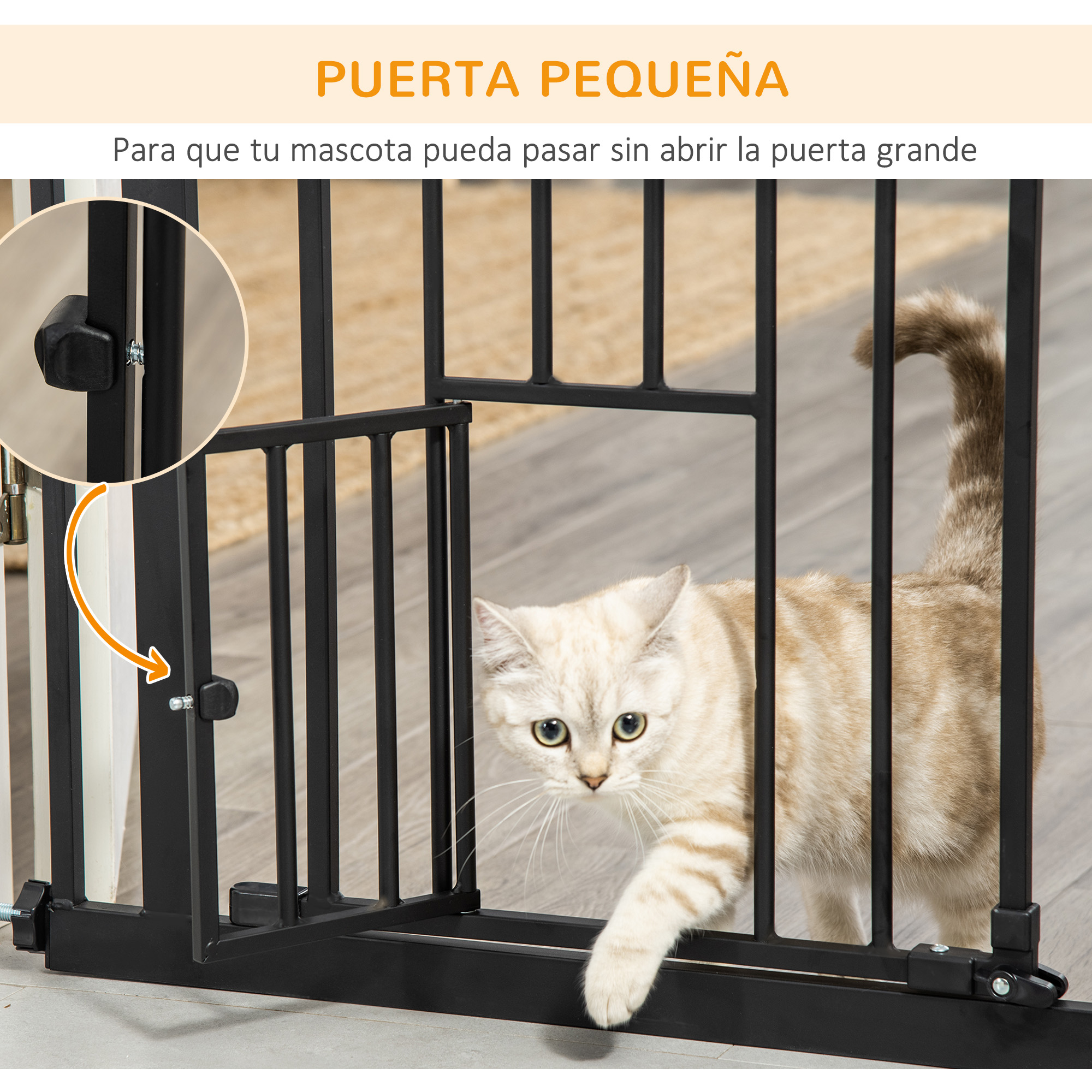 Puerta de seguridad en blanco y negro con un gato entrando por la puerta pequeña.