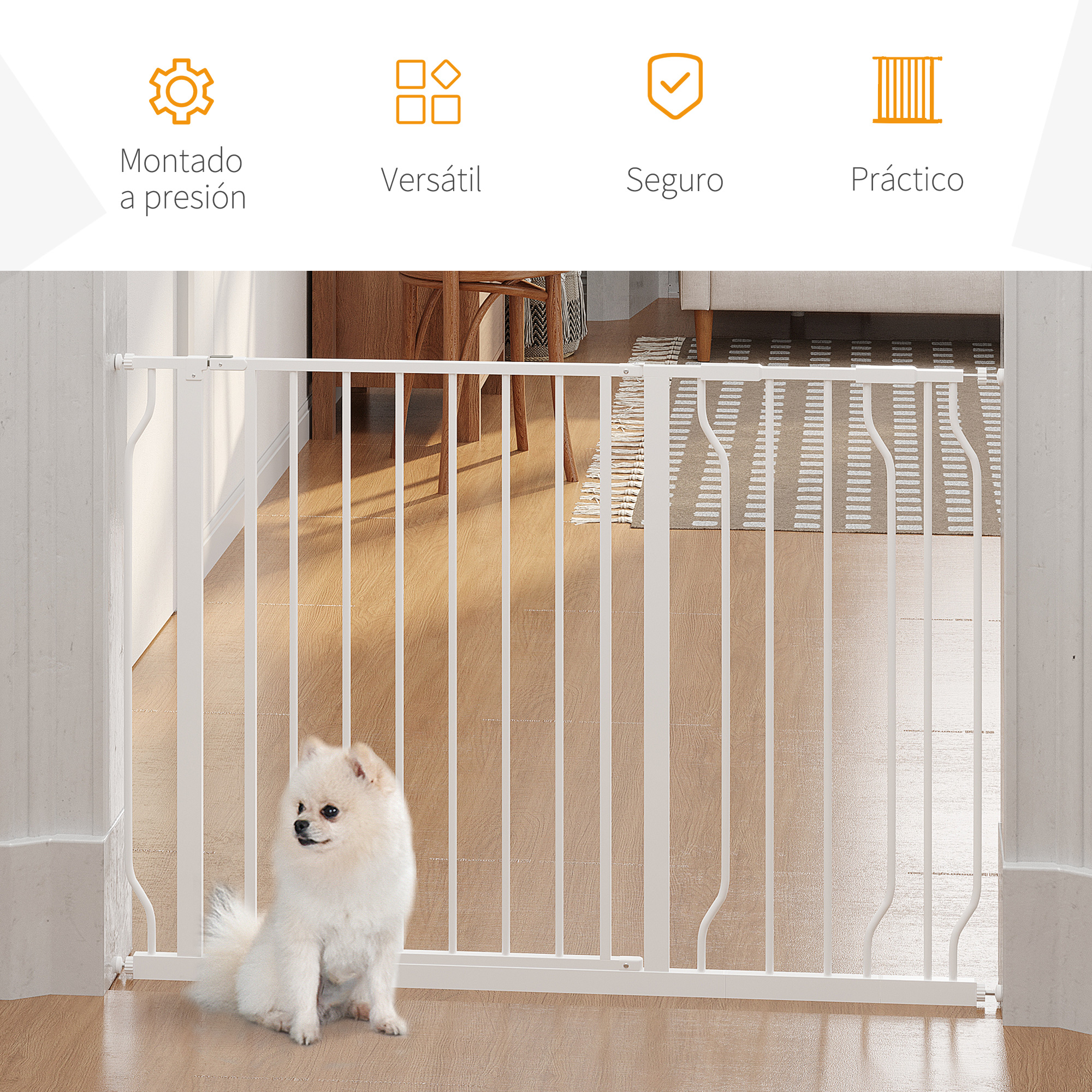 Barrera blanca para mascotas en una puerta con un perro blanco pequeño sentado, con iconos y texto arriba.