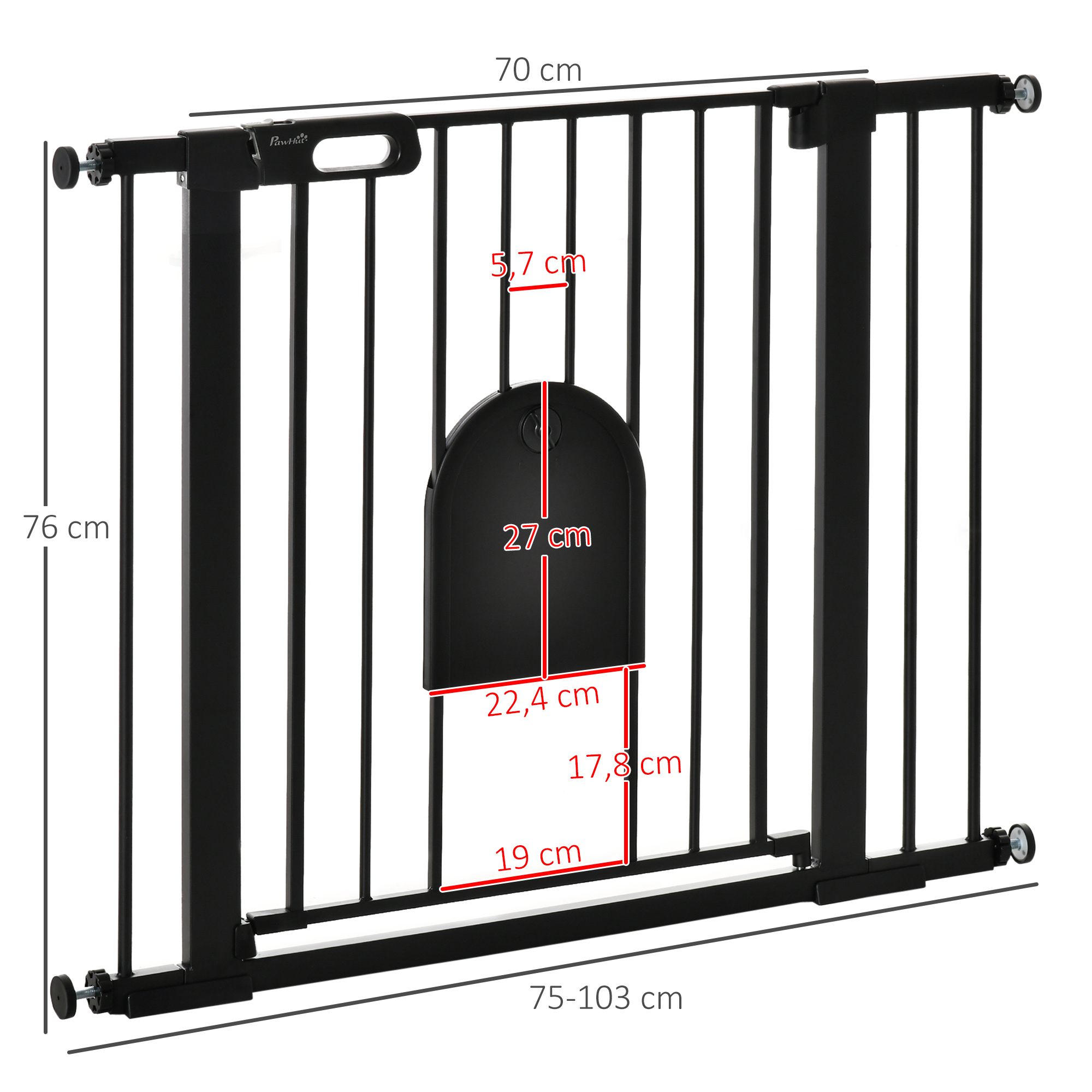 Puerta para mascotas negra con dimensiones. Es una puerta con manija. Fondo blanco.