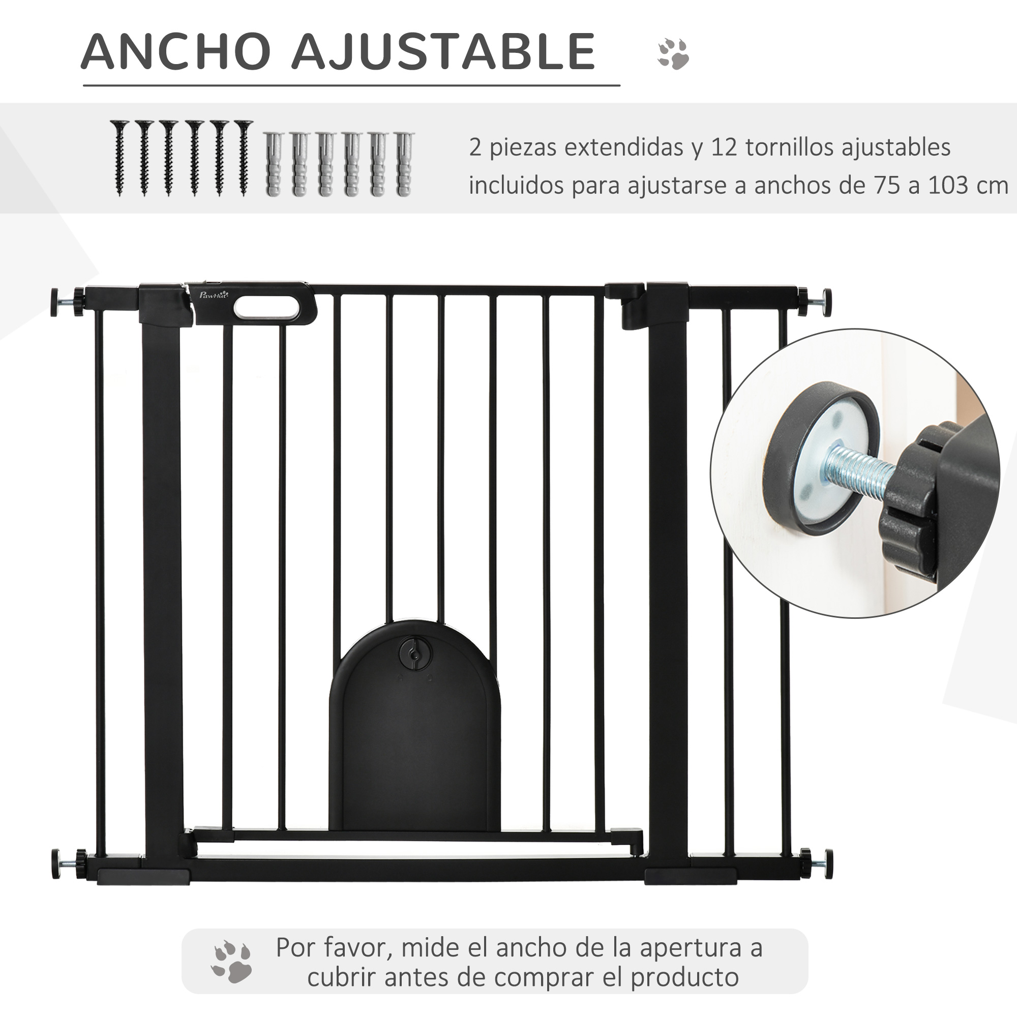 Barrera de seguridad negra con barras verticales, tornillos e instrucciones.