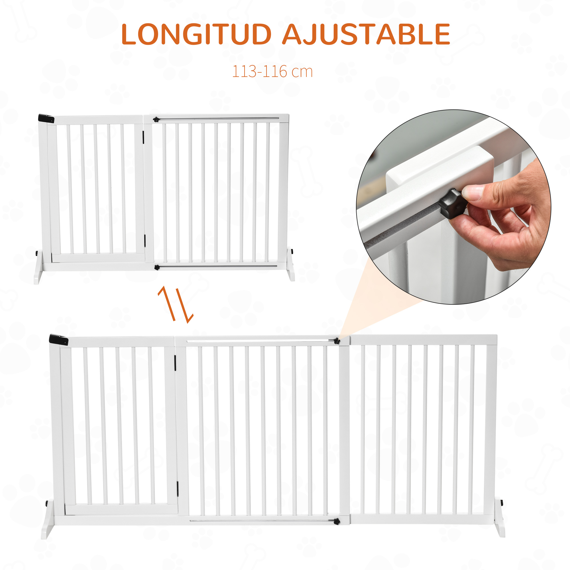 Barrera de seguridad blanca con longitud ajustable de 113-116 cm. Una mano gira una perilla.
