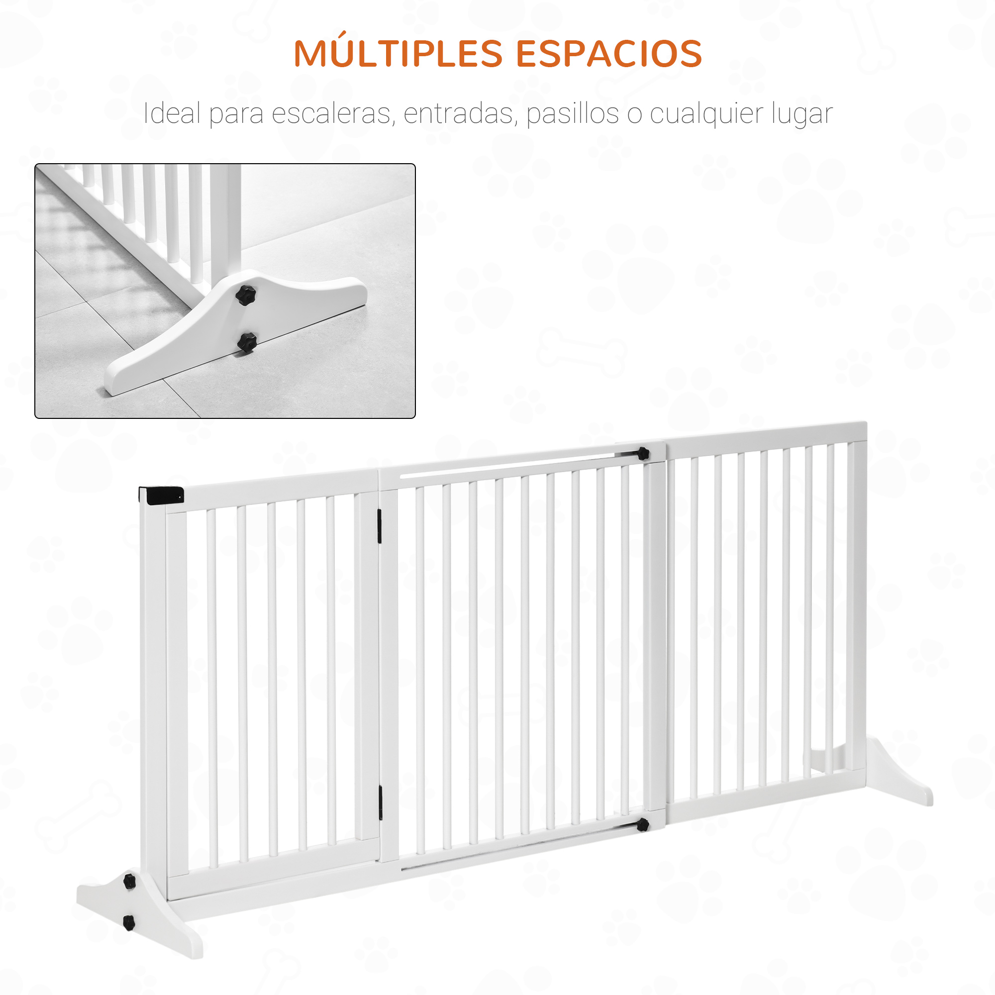 Una puerta para bebés blanca con barras verticales. Se muestra un primer plano de una conexión.