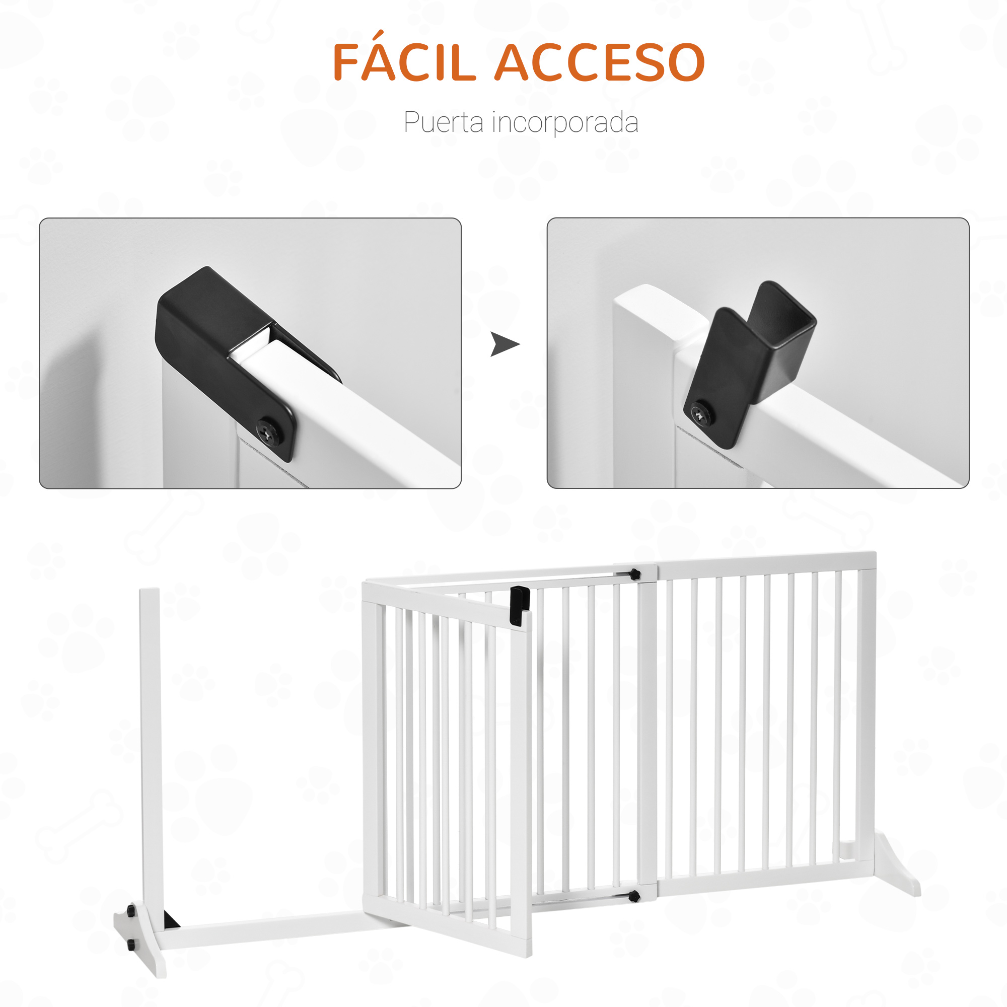 Puerta de madera blanca para mascotas. El diagrama muestra un fácil montaje y detalles de apertura de la puerta. Tiene una puerta con barras verticales.