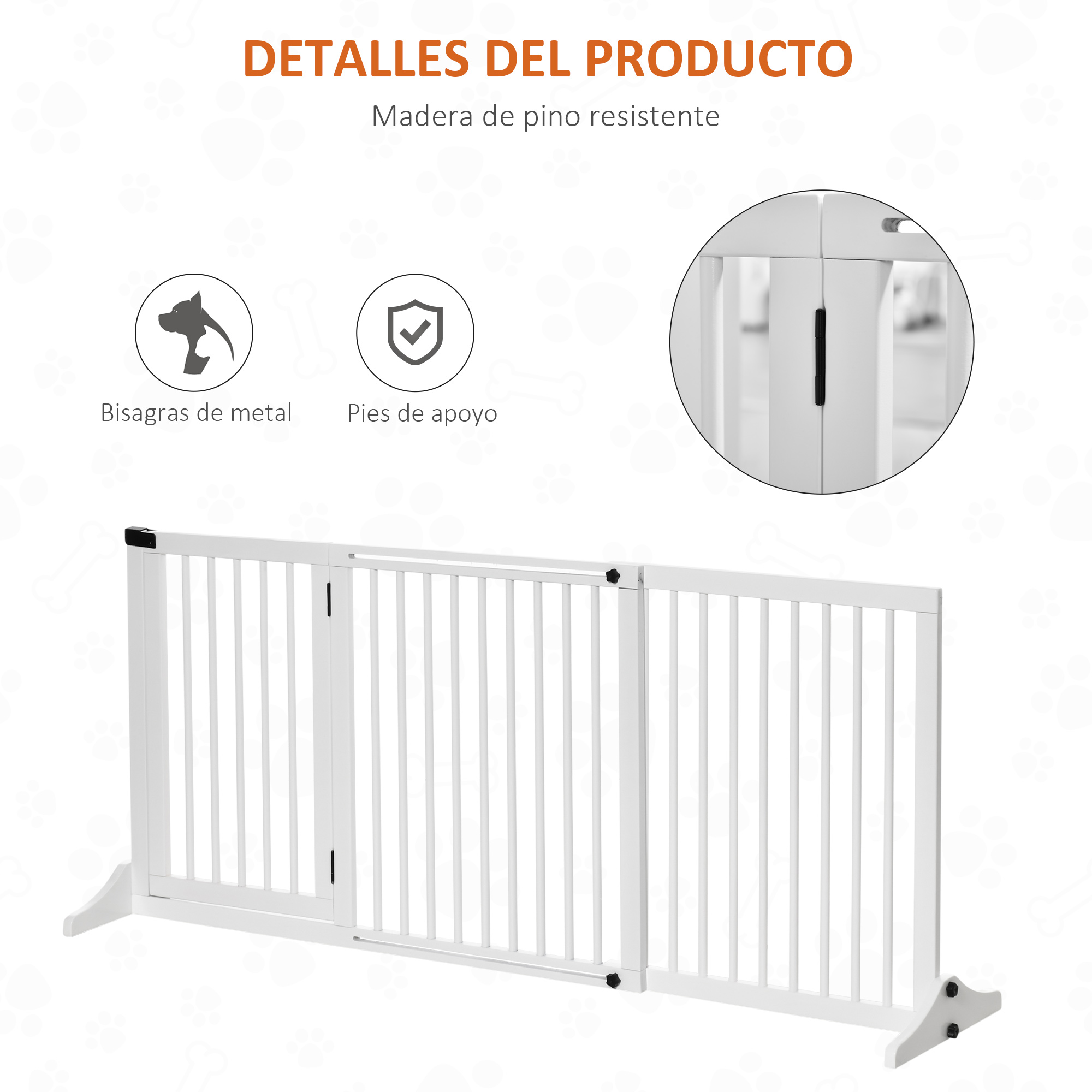 Valla blanca de madera para mascotas con barras verticales y puerta pequeña. Bisagras de metal y pies.
