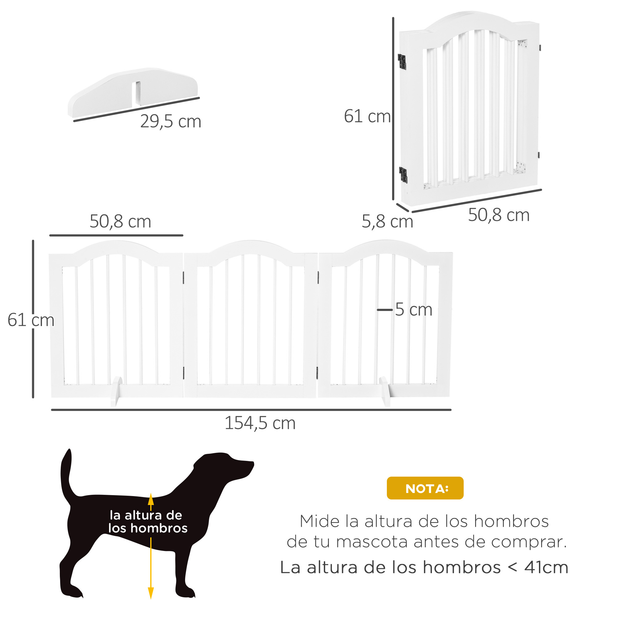 Diagrama de una puerta para mascotas blanca con medidas y silueta de perro para determinar la altura.