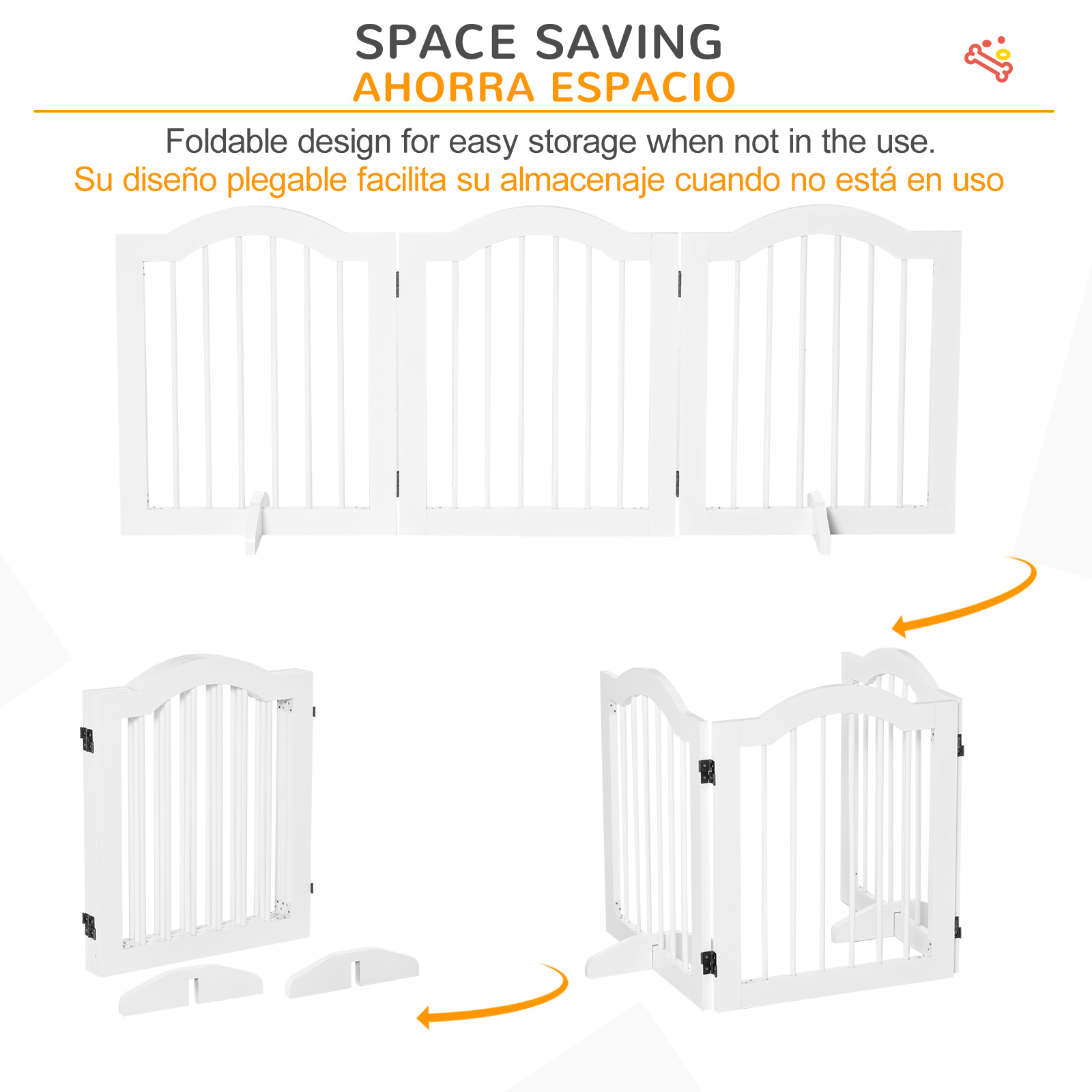 Puerta para mascotas blanca, diseño plegable, con paneles y flechas indicando plegado.