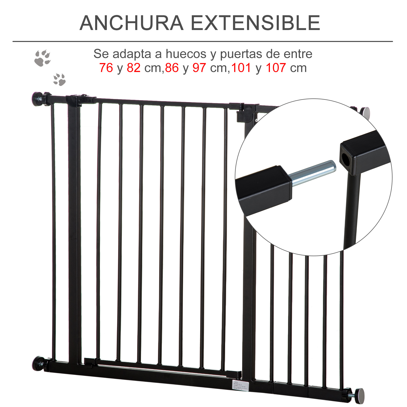 Una barrera de seguridad negra con barras verticales. Se muestra con una anchura extensible, adecuada para varios tamaños de puerta.