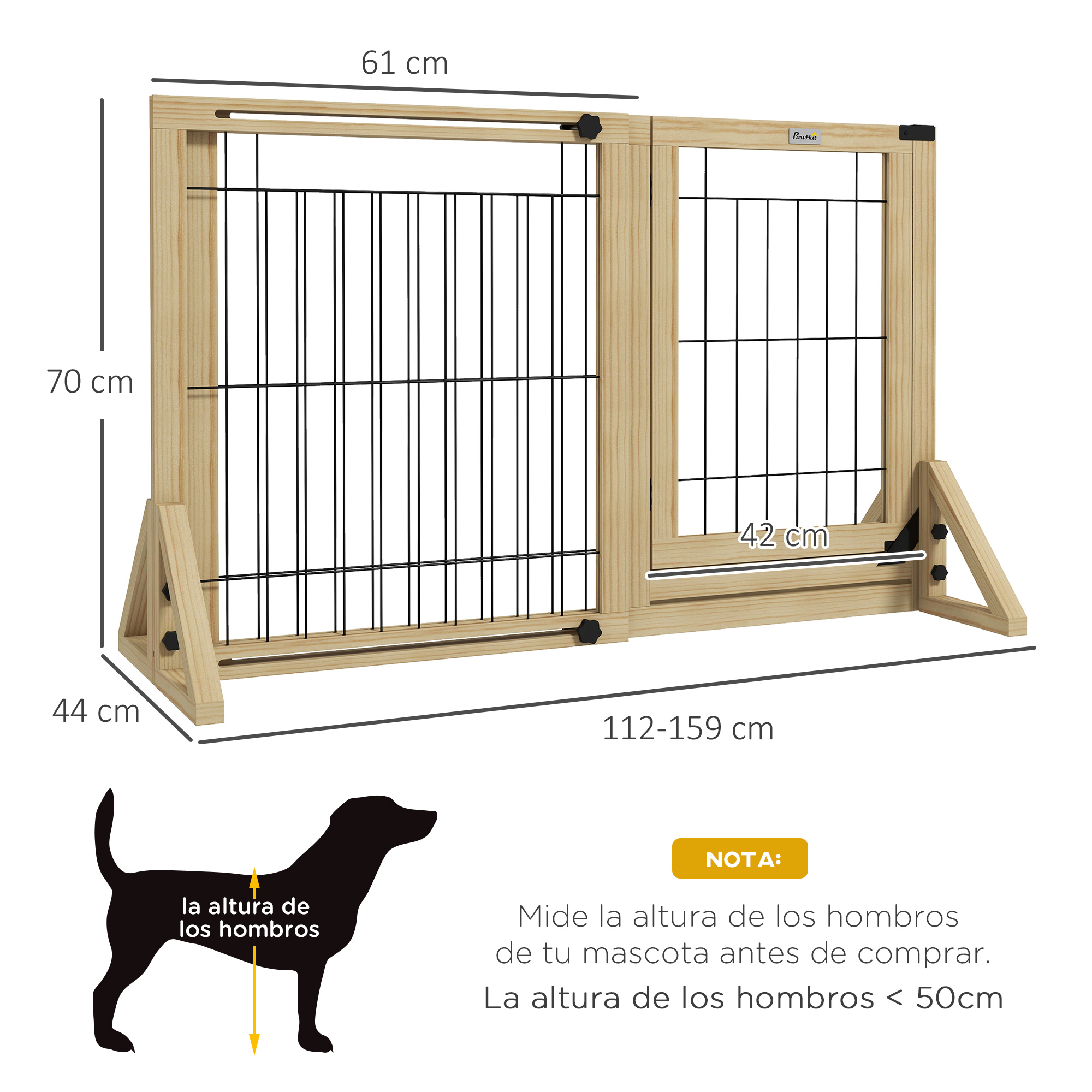 Puerta para perros de madera. El diagrama muestra cómo medir la altura del perro para la puerta.
