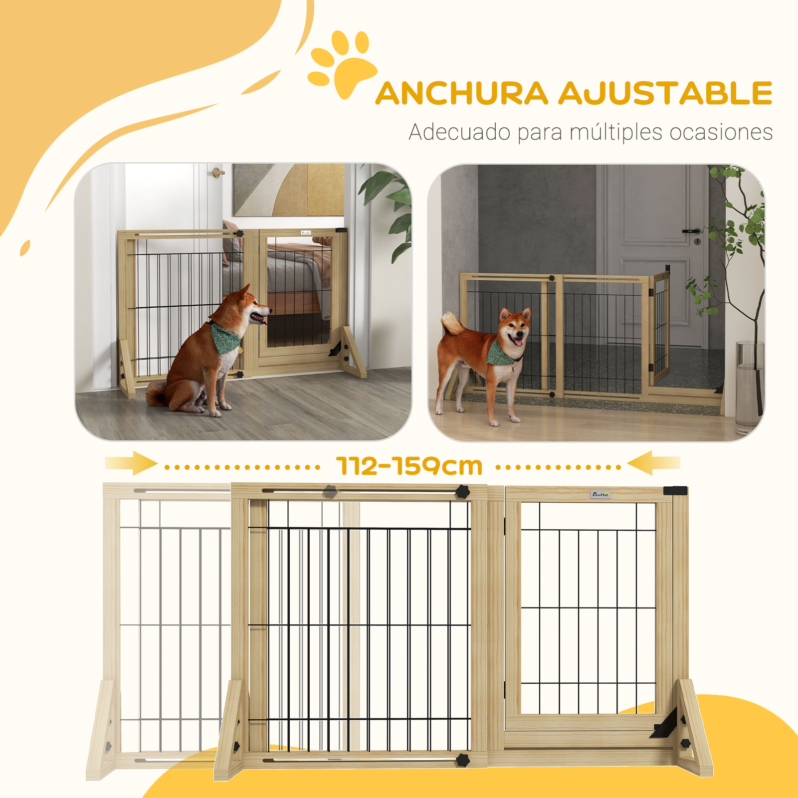 Dos puertas para perros con perros. La puerta es de ancho ajustable. Los perros son marrones y canela.