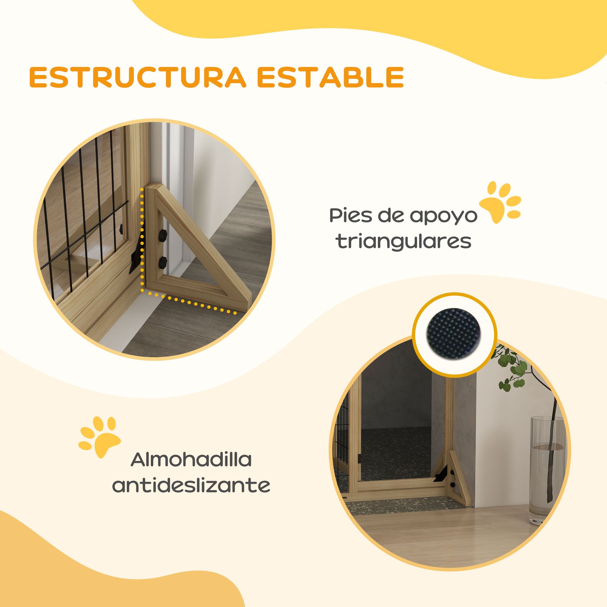 Diagrama que muestra detalles de una puerta para mascotas. Incluye patas de apoyo y almohadillas antideslizantes.