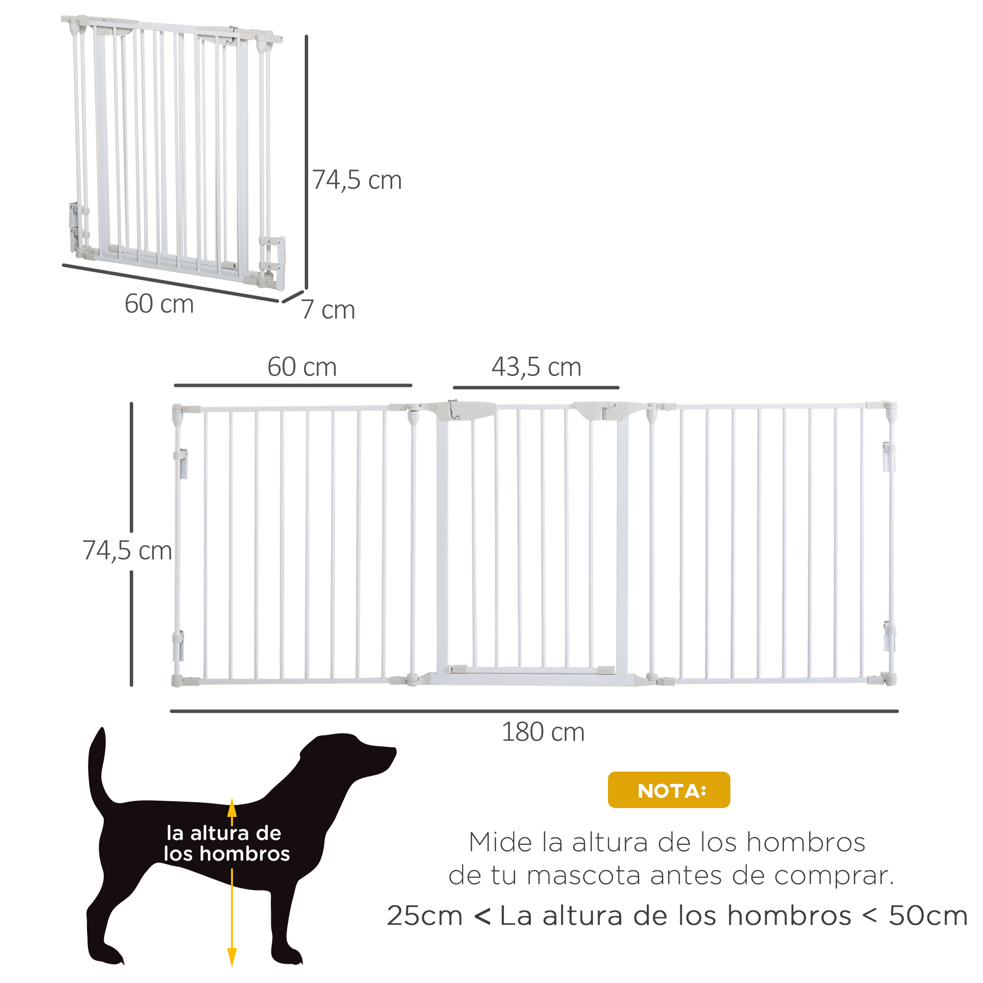Puerta blanca para mascotas con dimensiones. Silueta canina indica medición de altura.