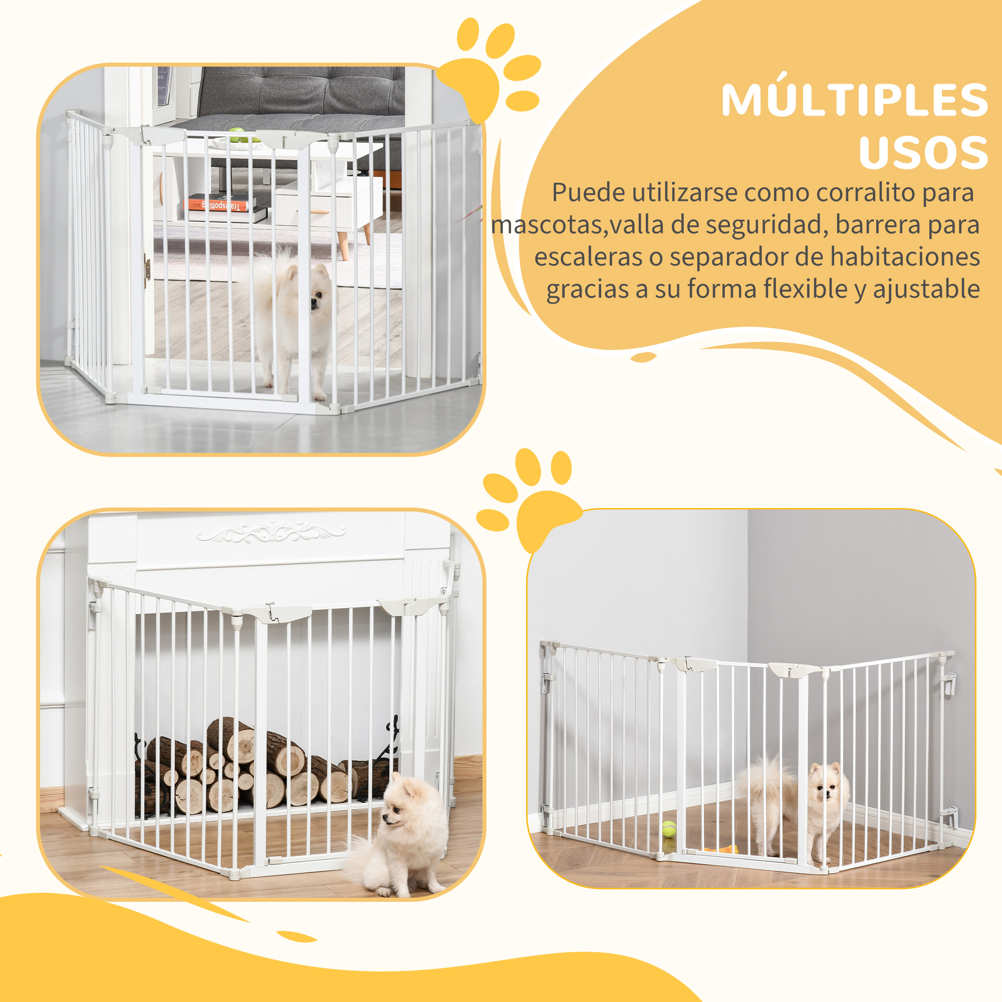 Barrera para bebés blanca usada como barrera para mascotas en diferentes configuraciones.