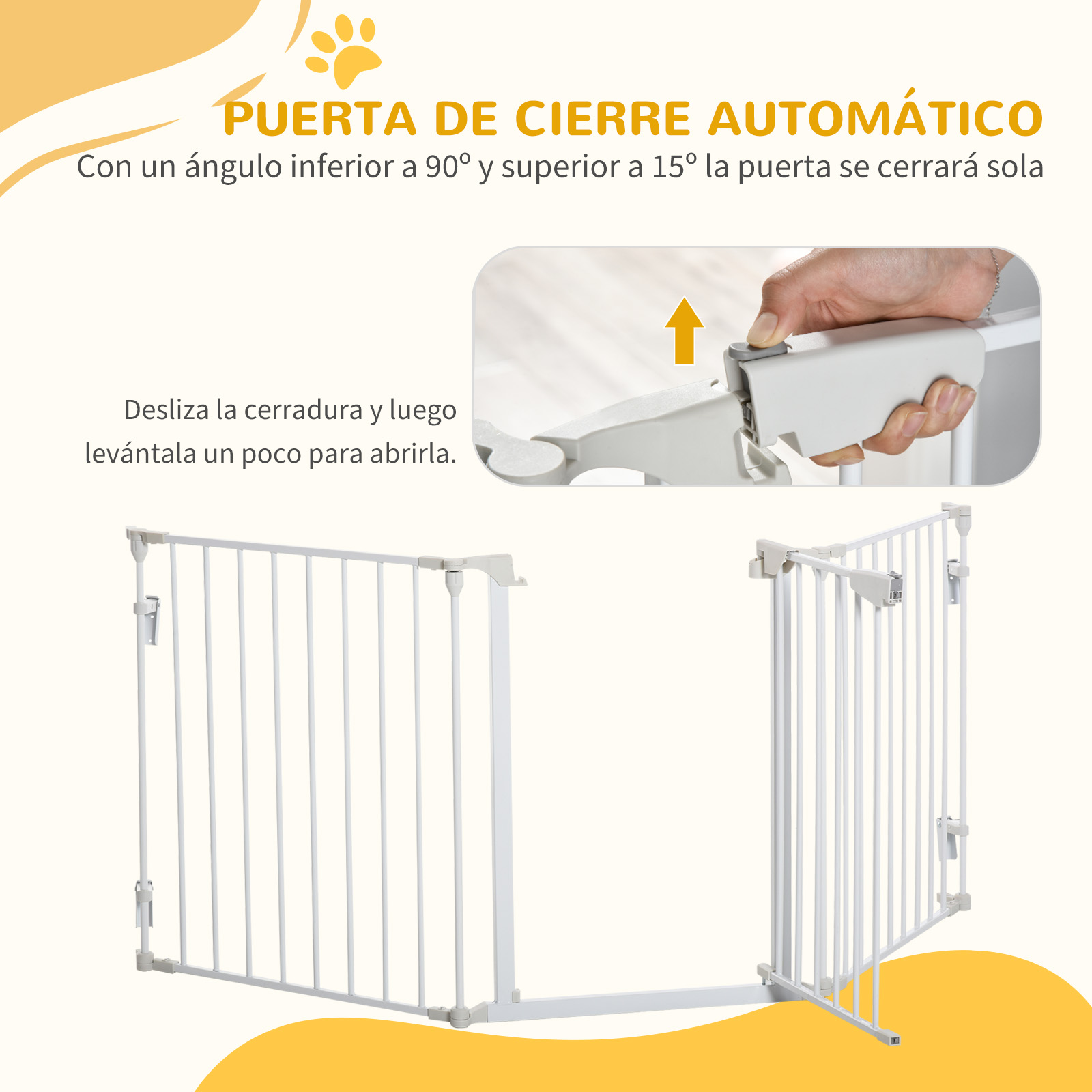 Barrera para bebés en posición abierta, con una mano mostrando cómo abrirla con el mecanismo de bloqueo.