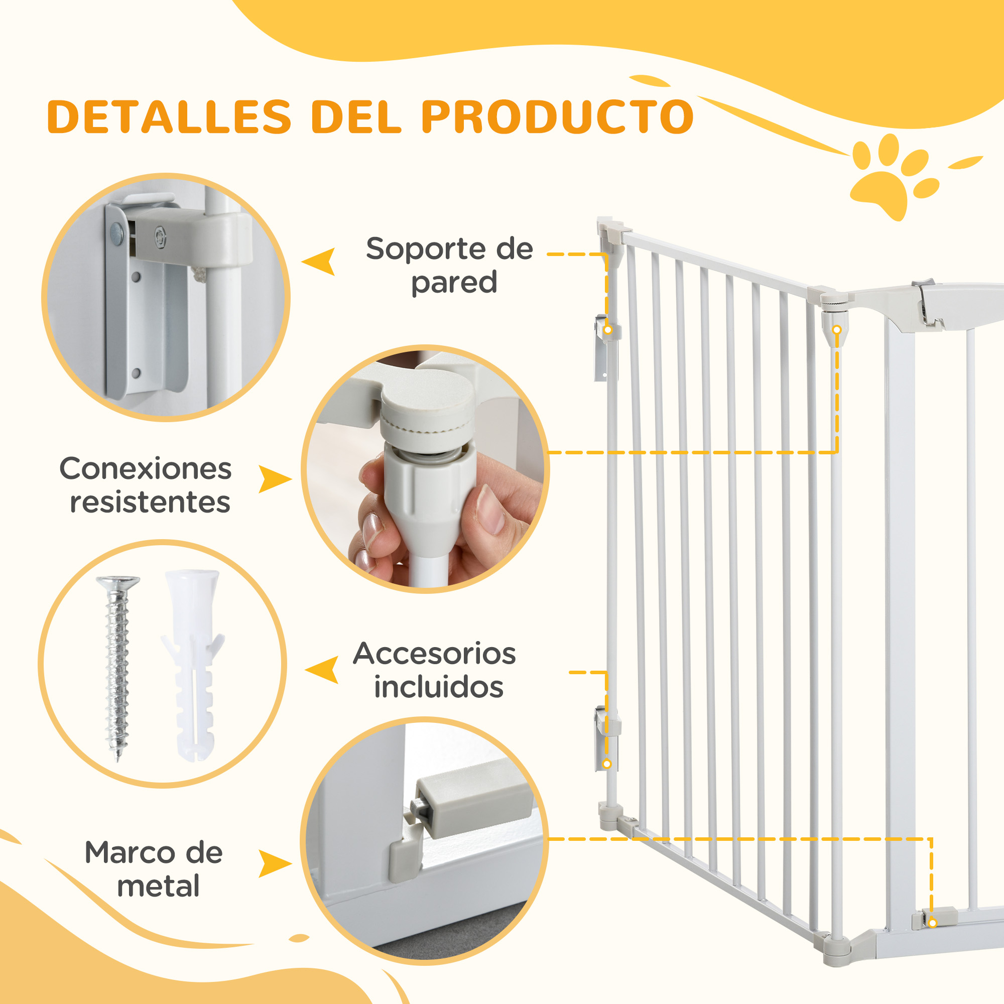 Barrera de seguridad blanca con vistas detalladas de conexiones, accesorios y marco metálico.