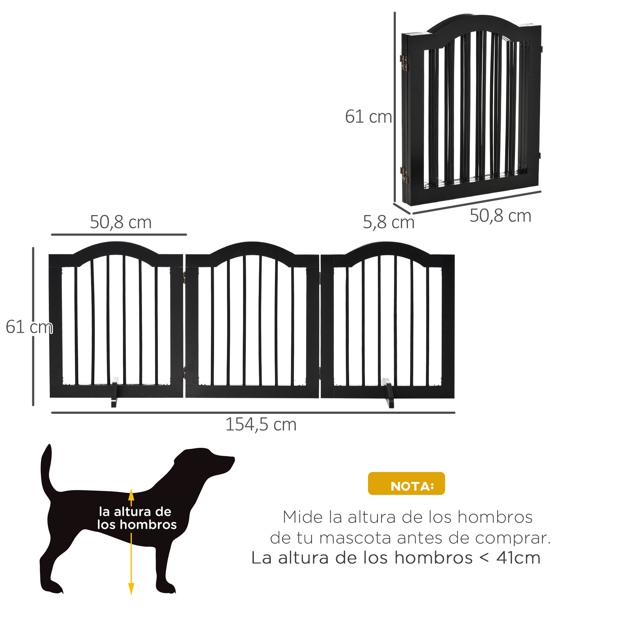 Puerta negra para mascotas, con dimensiones. Silueta de perro indica altura para compra.