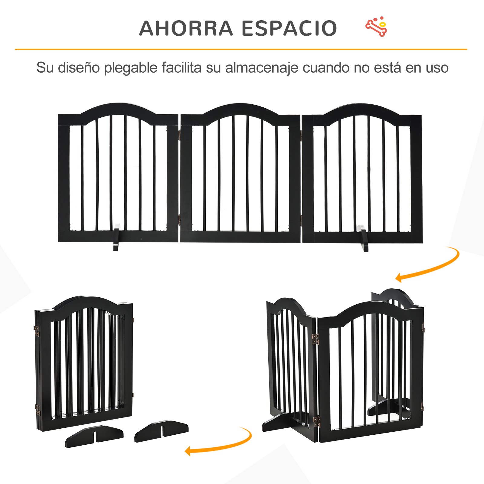 Una puerta negra plegable con paneles. La imagen muestra la puerta plegada y expandida.