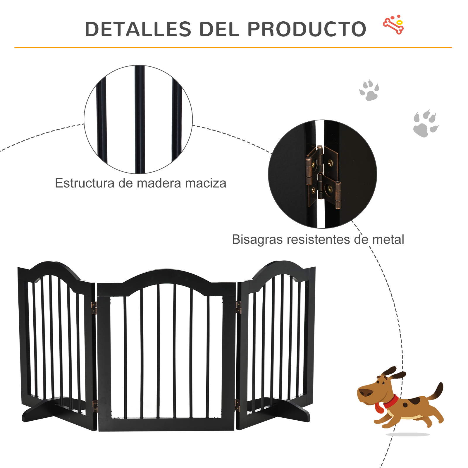 Primeros planos de detalles del producto de una puerta para mascotas negra con estructura de madera, bisagras metálicas e ilustración de perro.