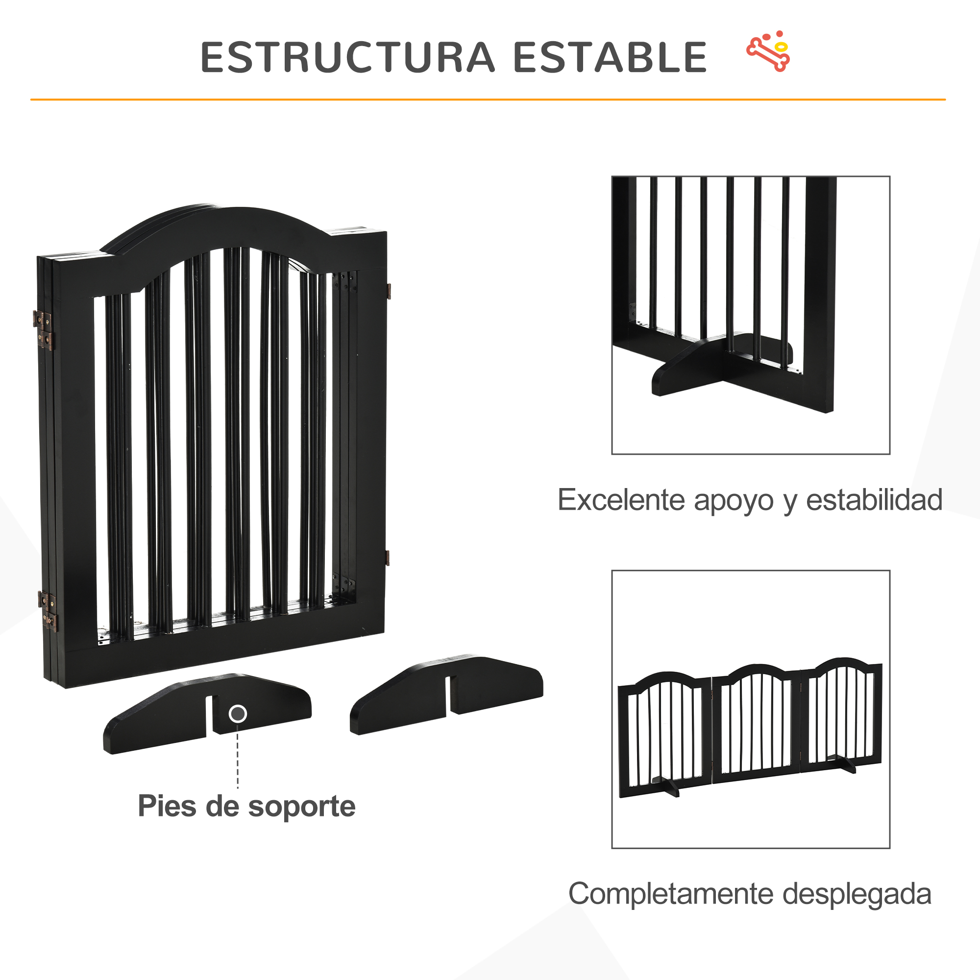 Barrera para mascotas de madera negra, con imágenes de montaje y características. Fondo blanco.