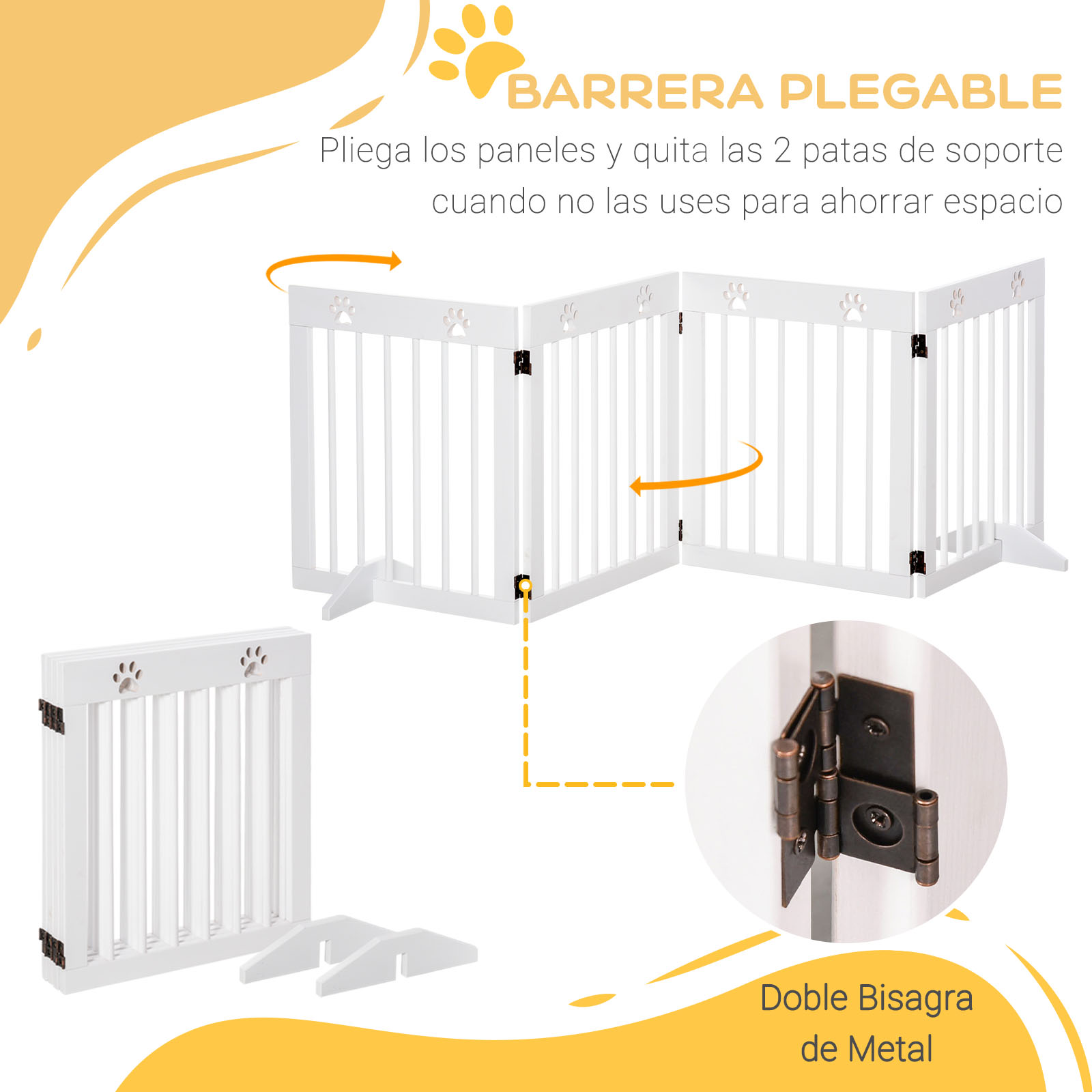 Valla blanca para mascotas con diseños de huellas, plegada y mostrando una bisagra con un diagrama.