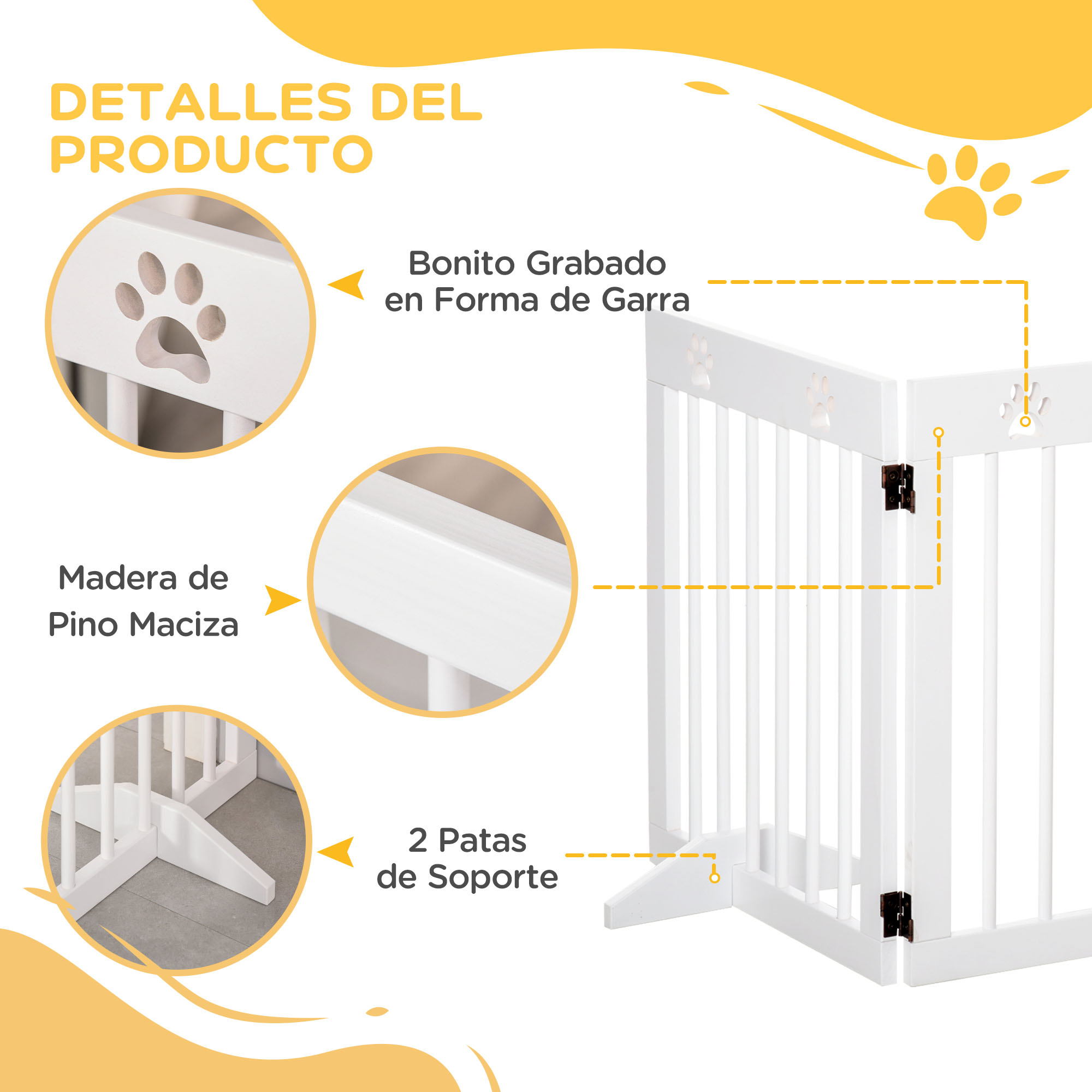 Primer plano de una barrera de bebé blanca. Tiene cortes en forma de pata y madera maciza. La barrera tiene patas.