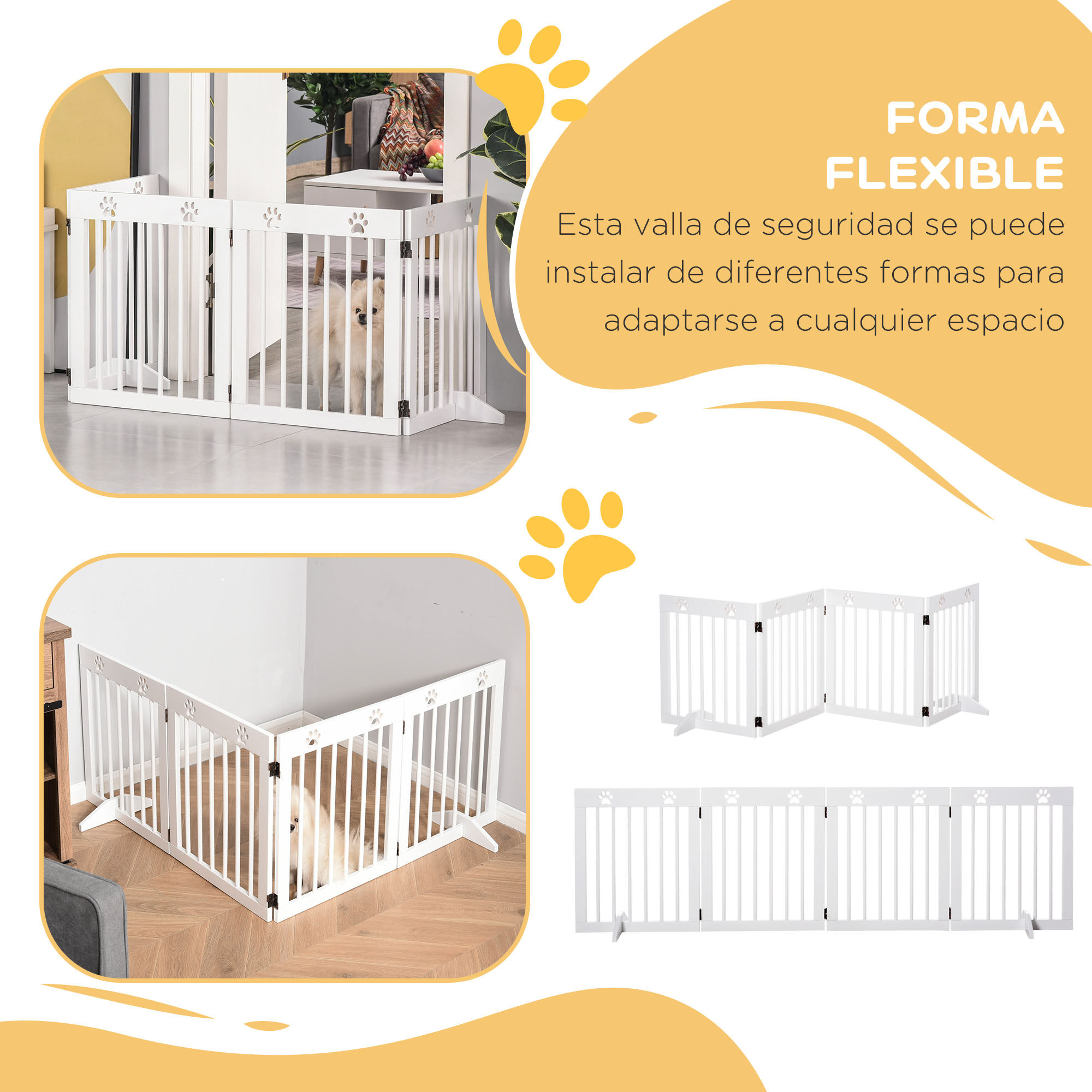 Valla blanca para mascotas con huellas de patas, mostrada en diferentes configuraciones. Fondo amarillo.