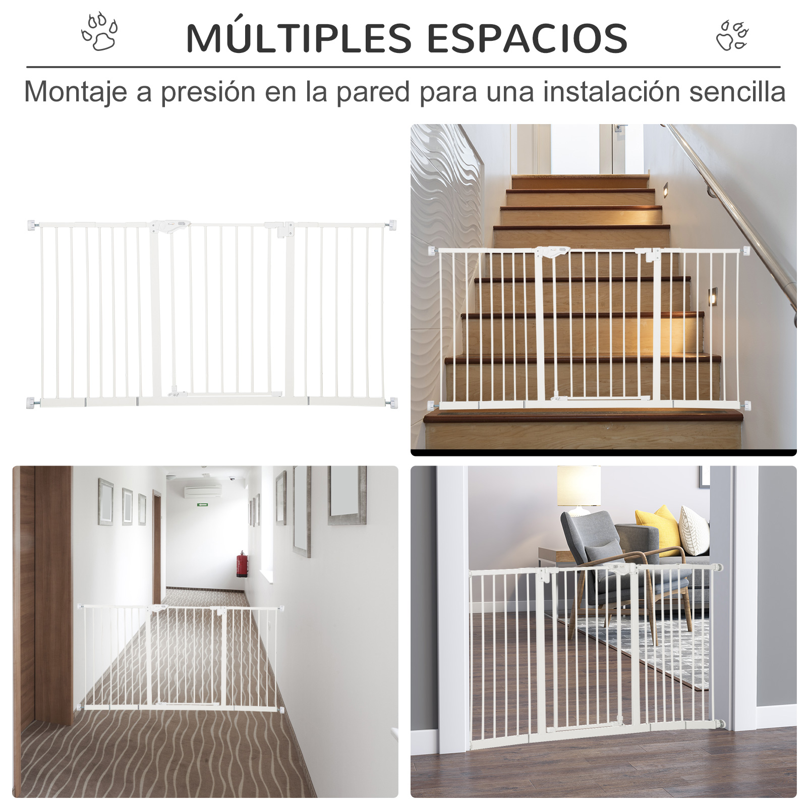 Múltiples puertas blancas instaladas en diferentes áreas: un pasillo, una escalera y un marco de puerta.