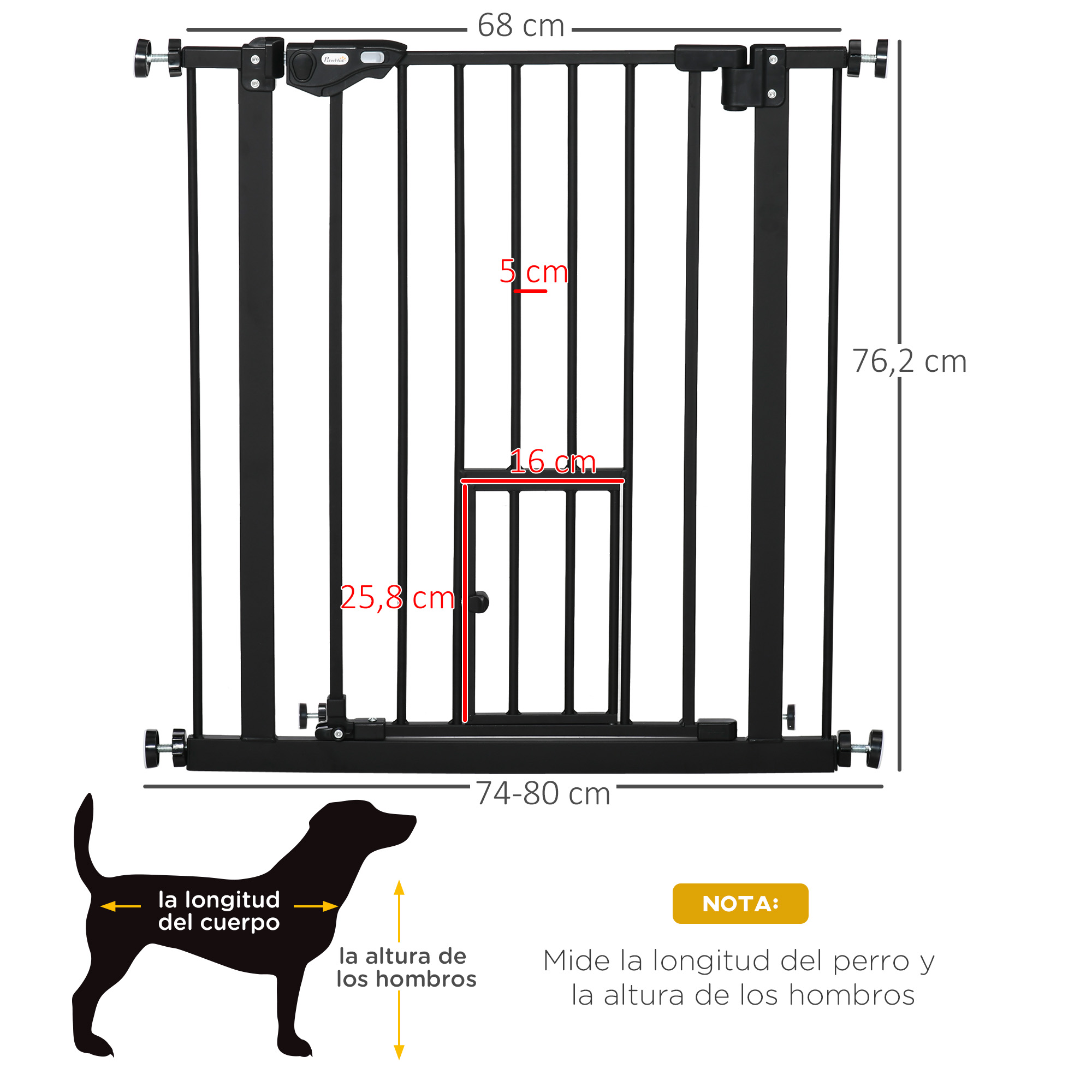 Diagrama de una puerta para perros con medidas y silueta de un perro.