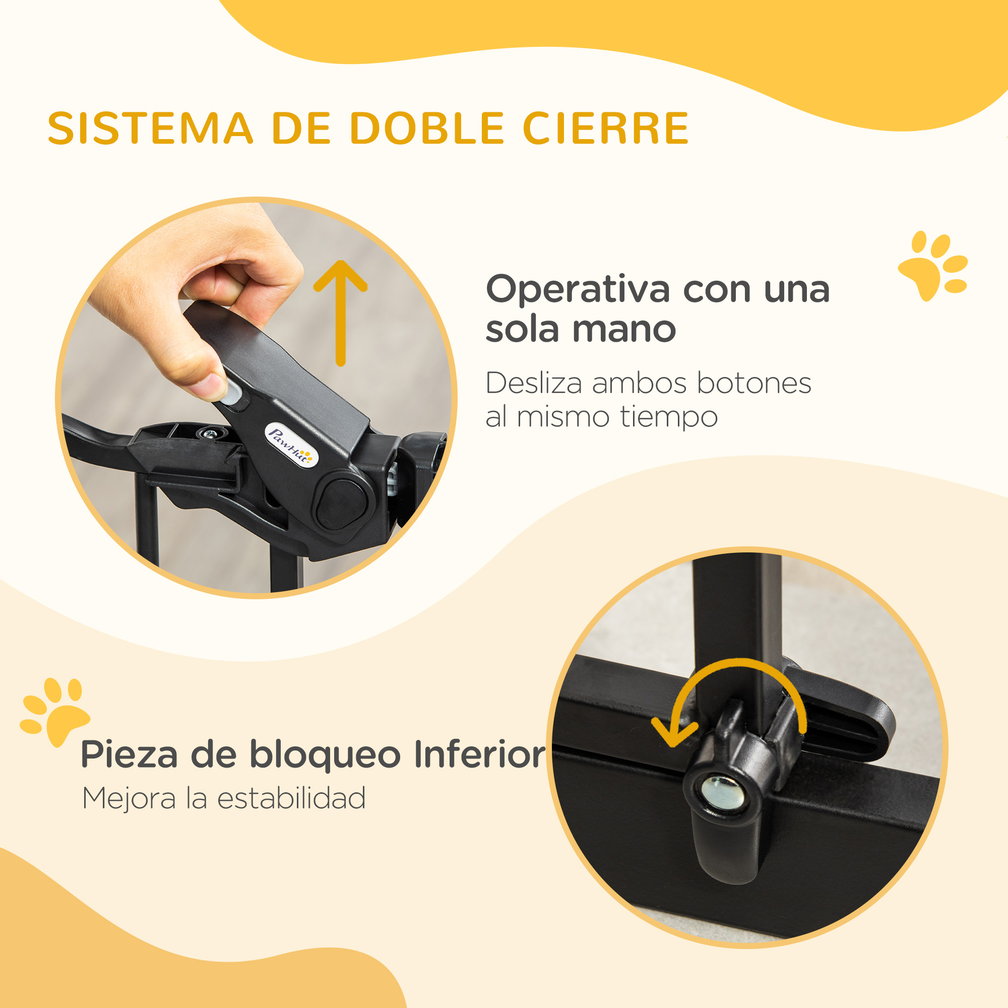 Primer plano del mecanismo de cierre doble de una puerta para mascotas. Demuestra el funcionamiento con una mano.