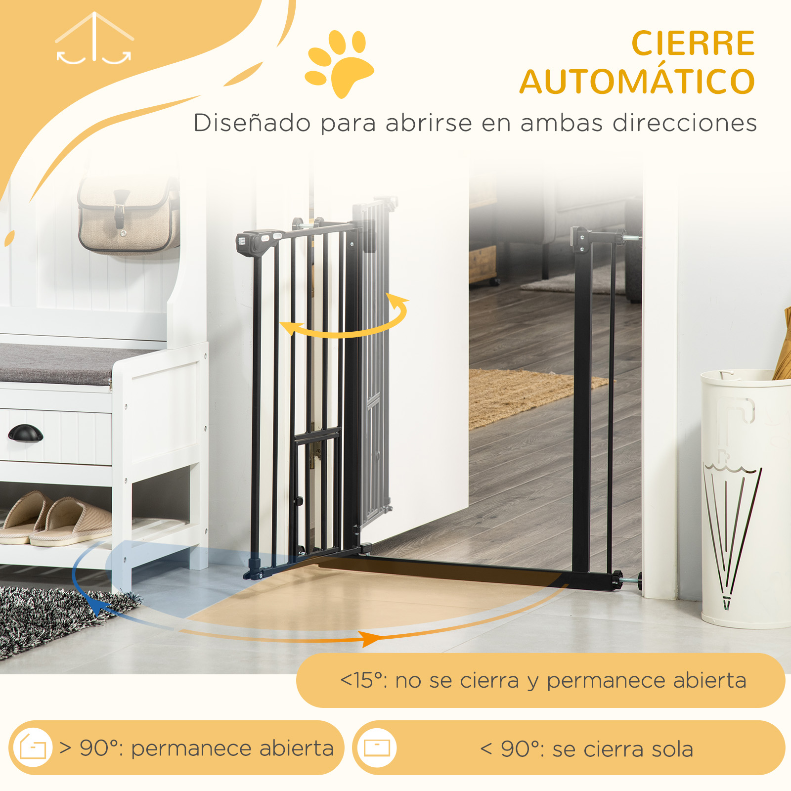 Barrera para bebés, vista abierta y cerrada. El texto indica que la barrera se cierra automáticamente. Un zapatero y decoración en el fondo.