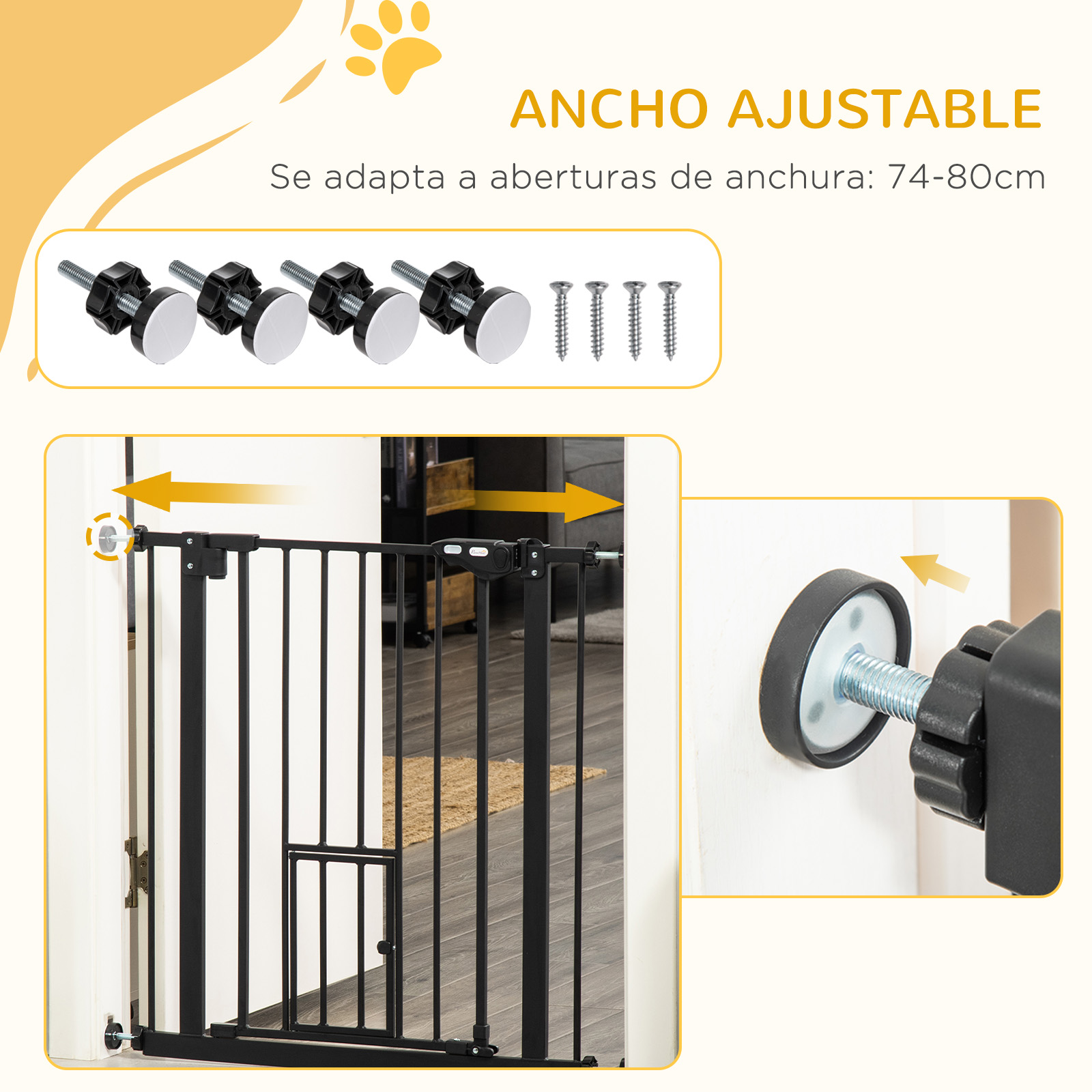 Una puerta de bebé ajustable que muestra el ancho ajustable y el mecanismo de montaje.