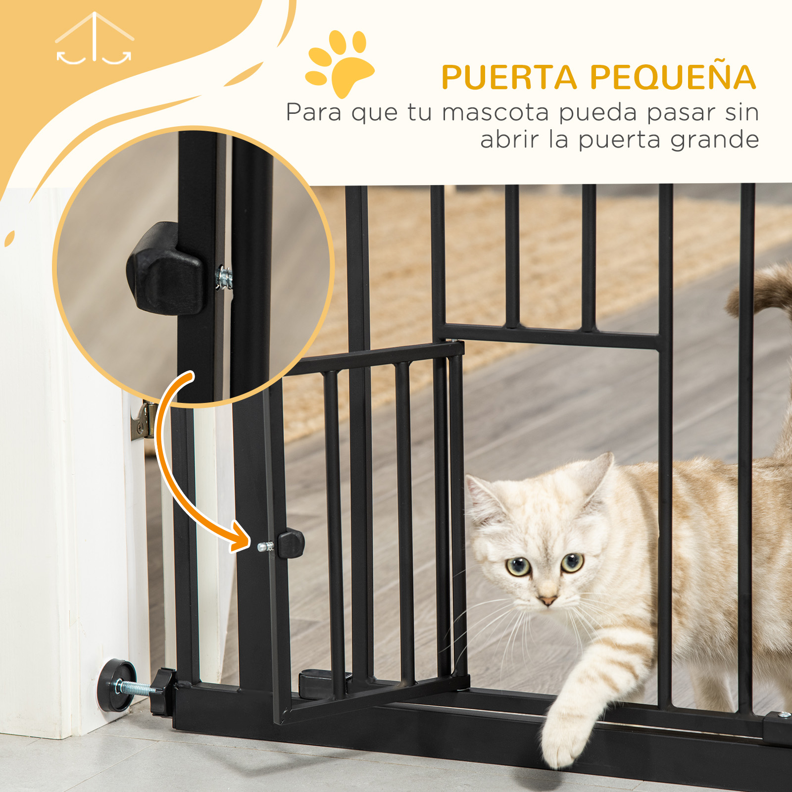 Un gato caminando a través de una puerta negra, con una pequeña puerta abierta. Puerta negra, gato blanco, fondo blanco.