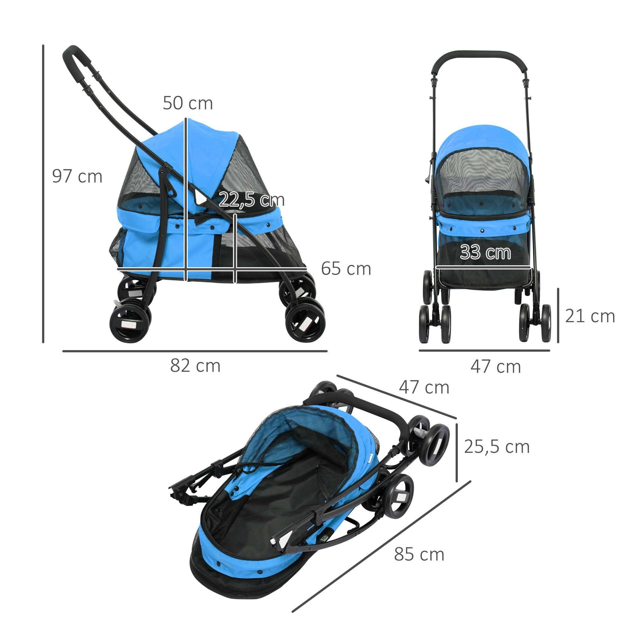 Cochecito para mascotas azul con dimensiones. Vista lateral, frontal y plegada.