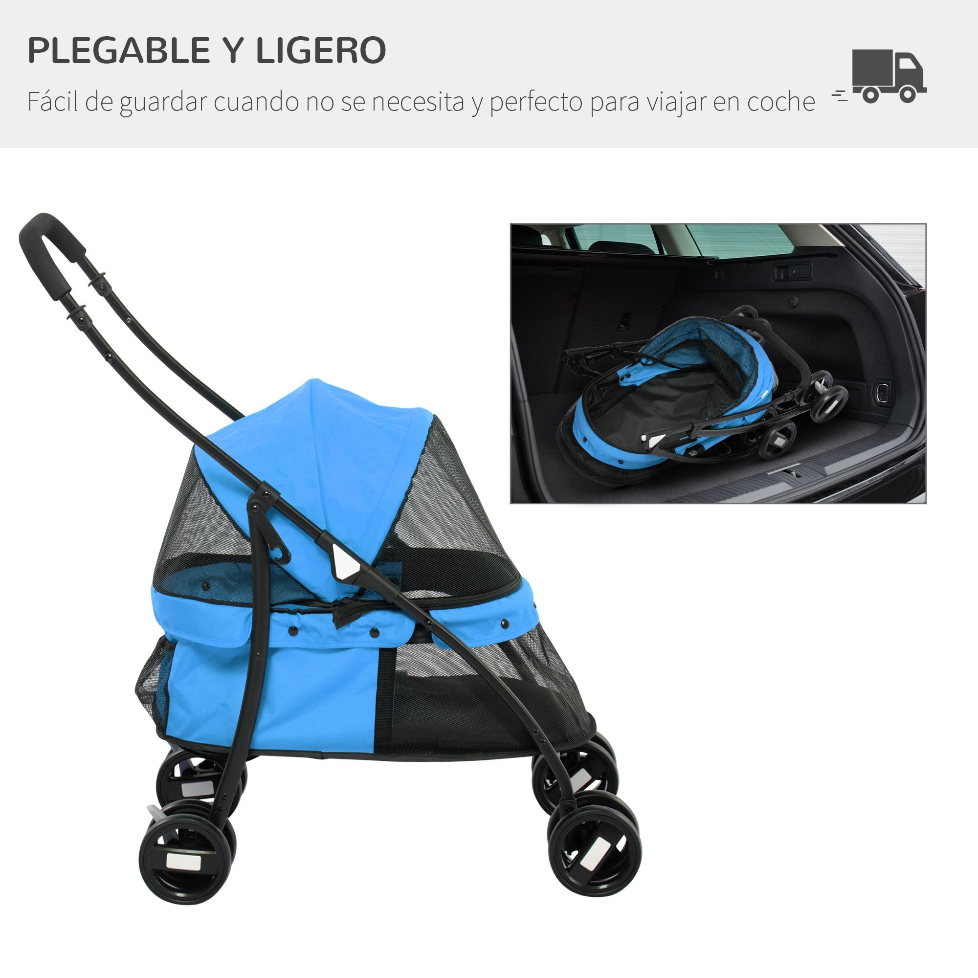Cochecito azul para mascotas, plegable. Se muestra plegado en el maletero de un coche. Ruedas y marco negros.