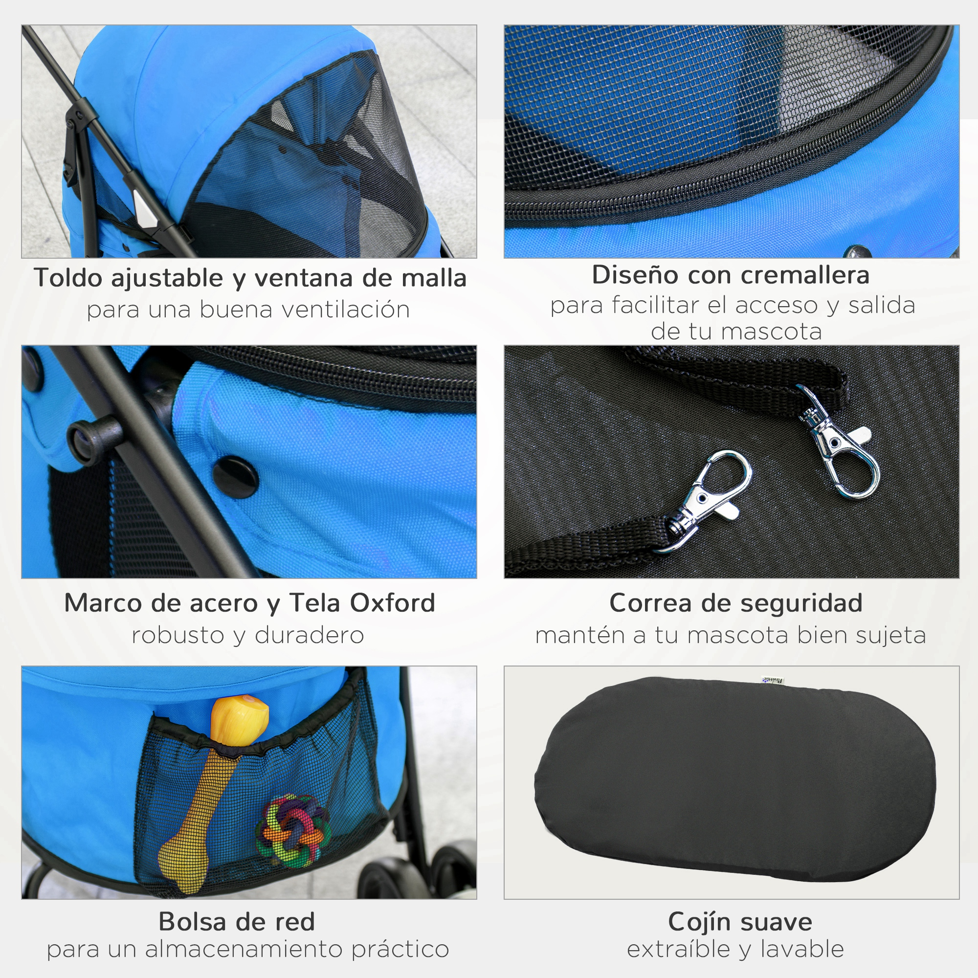 Cochecito azul para mascotas con toldo ajustable, ventana de malla, estructura de acero y correa de seguridad.