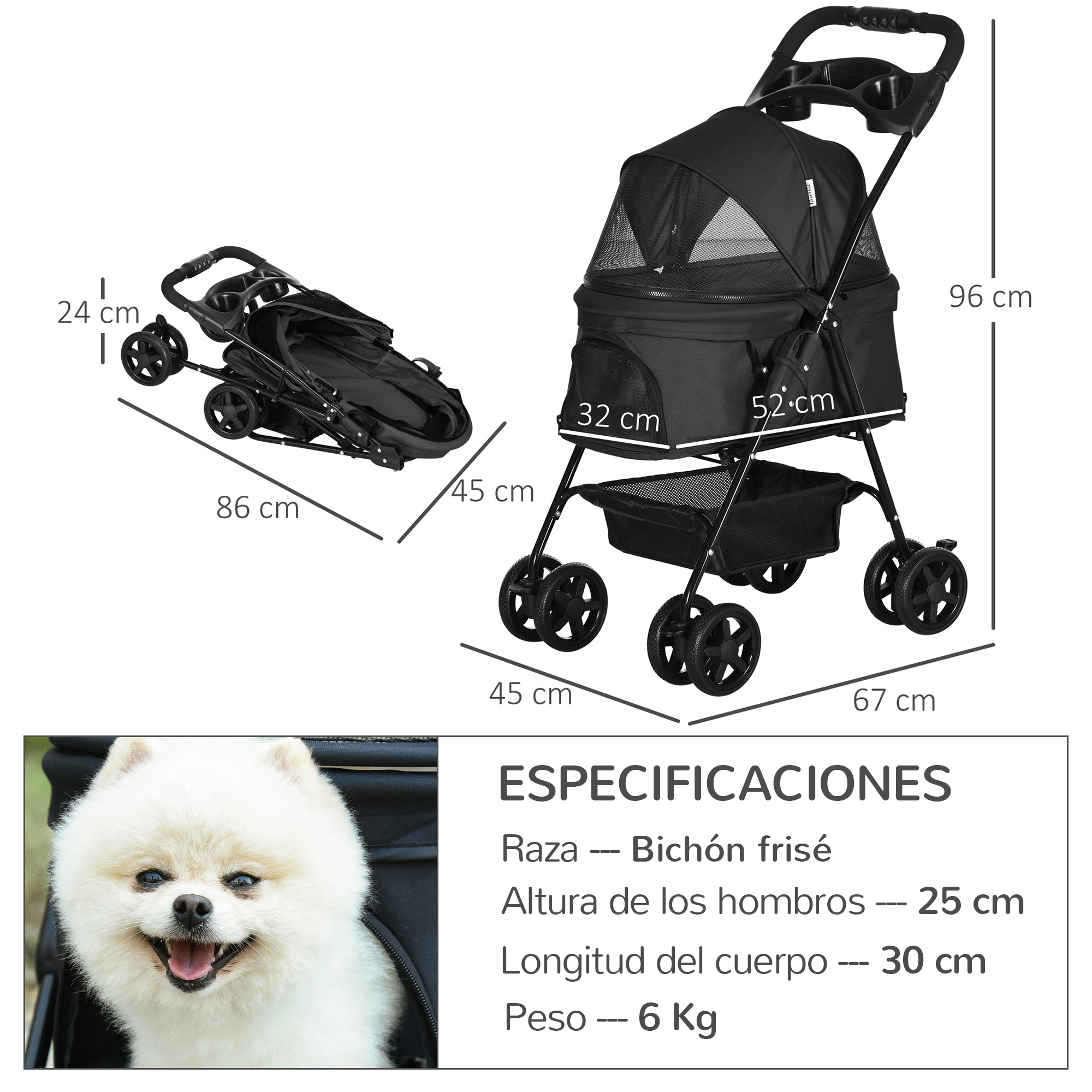 Cochecito negro y negro para mascotas con dimensiones. Perro blanco en el cochecito.