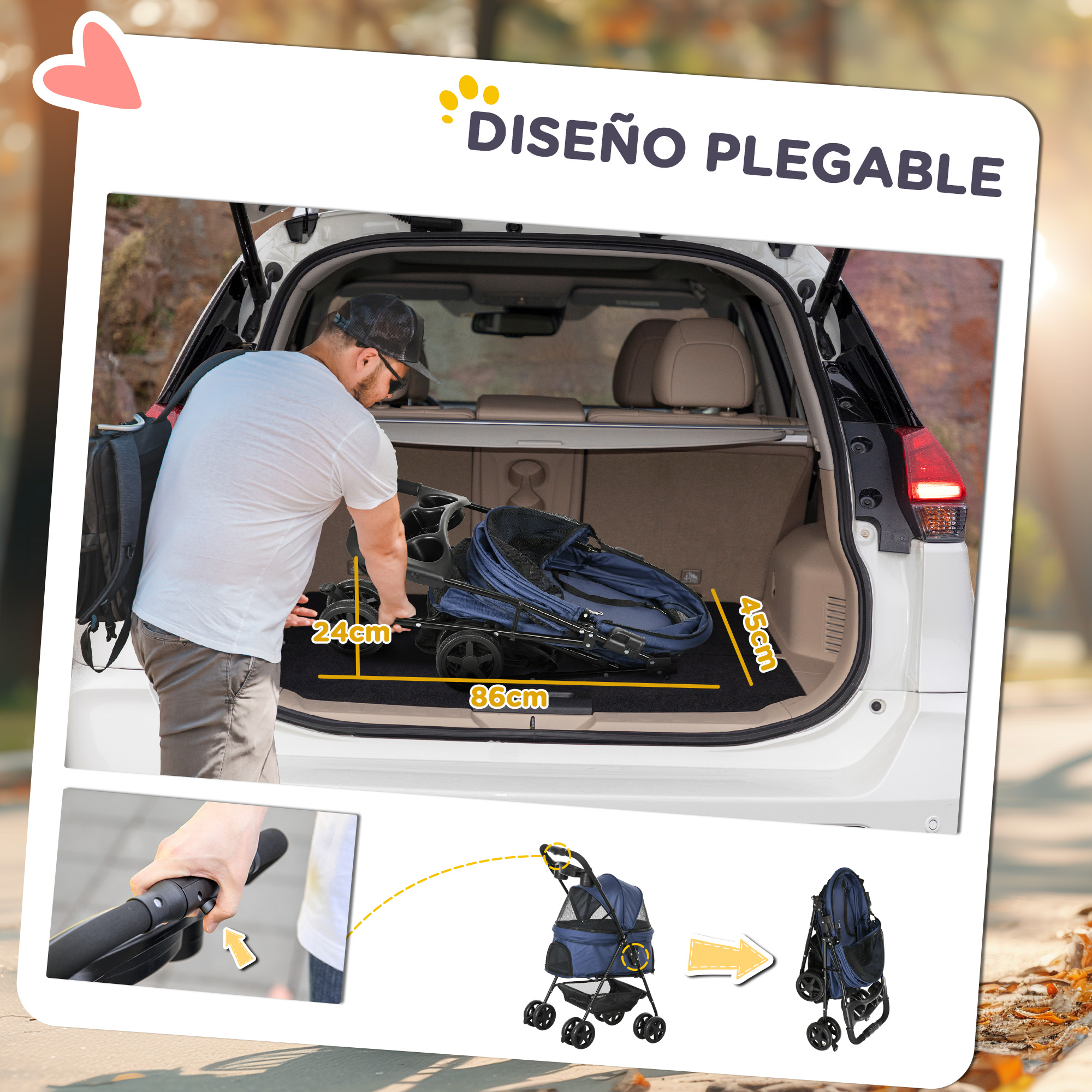 Hombre carga un cochecito en el maletero. Se muestran dimensiones. Texto: 'DISENO PLEGABLE'.
