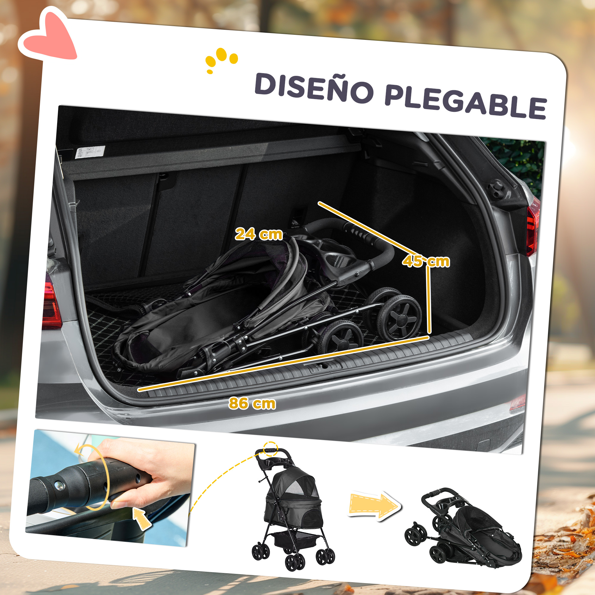 Cochecito para mascotas negro plegado en un maletero, con dimensiones etiquetadas y un cochecito en uso.