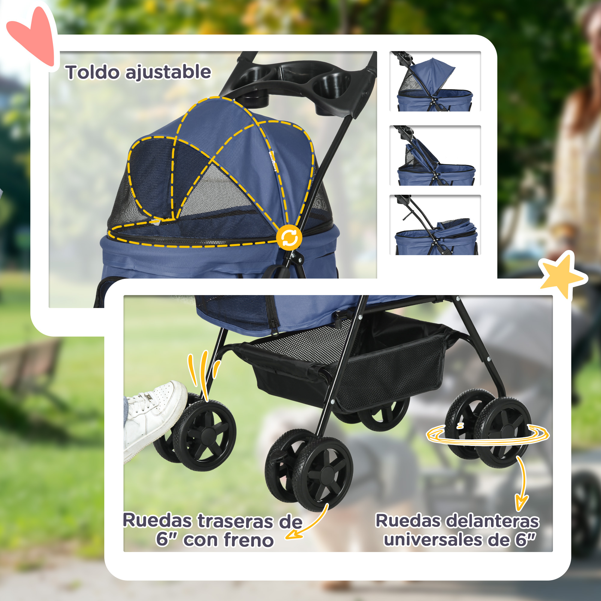 Un cochecito azul para mascotas con toldo ajustable y varias características de ruedas.