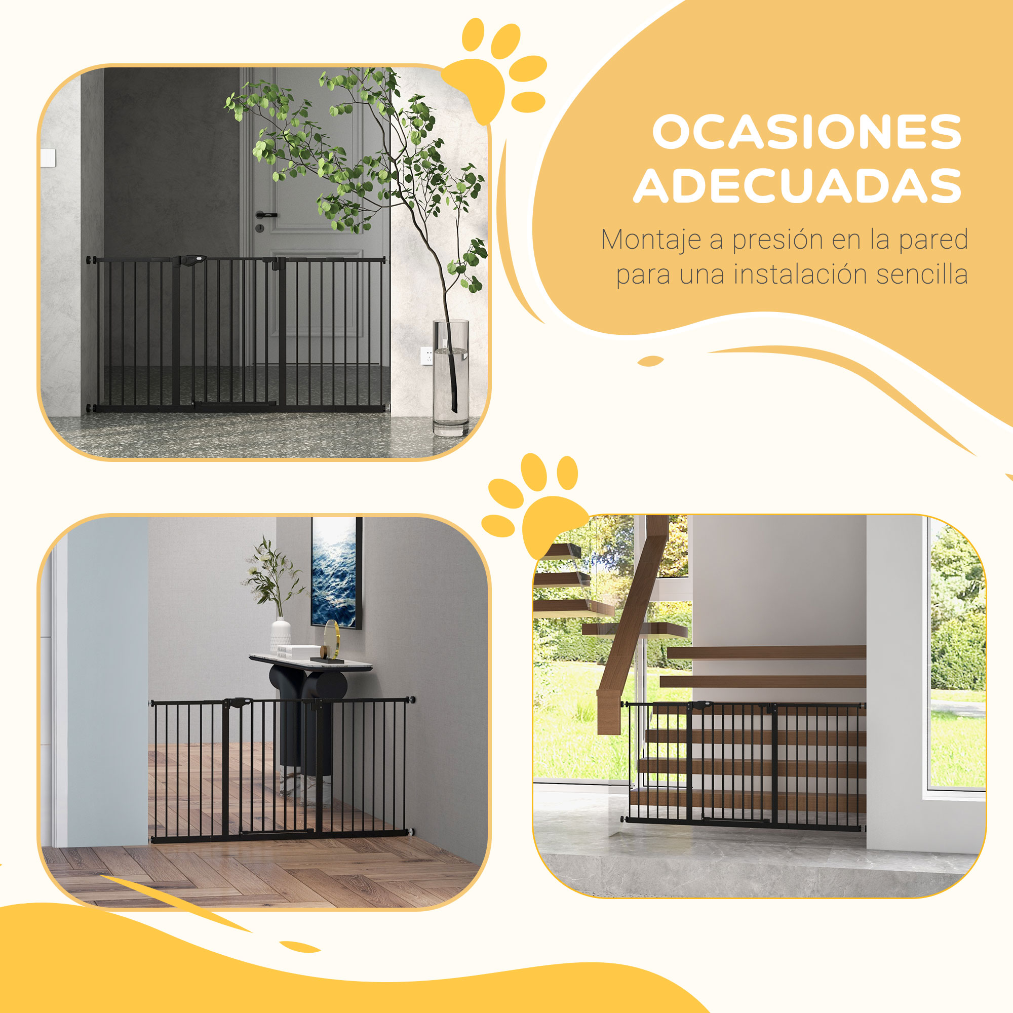 Las imágenes muestran puertas para mascotas negras instaladas en diferentes lugares: una puerta, una entrada y escaleras.
