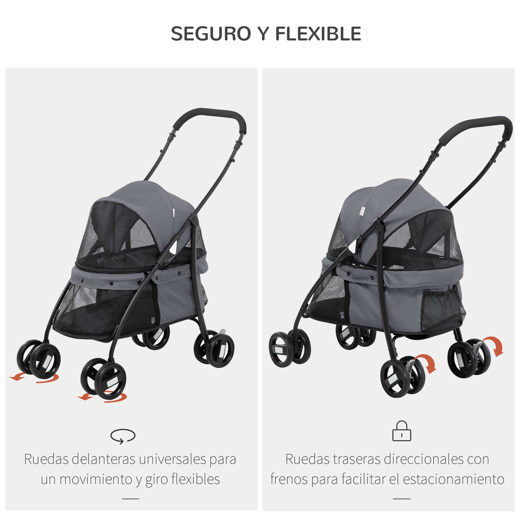 Dos cochecitos grises para mascotas con diferentes configuraciones de ruedas. Uno muestra ruedas giratorias.