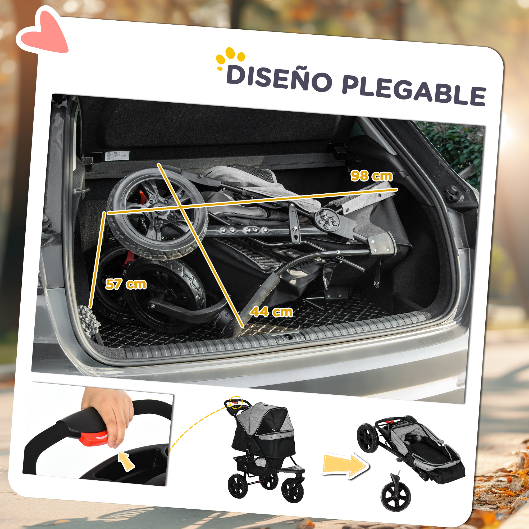 Un cochecito para mascotas plegado en el maletero de un coche, con dimensiones y un diagrama.